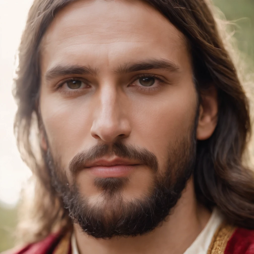 Draw an image of a profile face with a resemblance to Jesus Christ, dressed in clothes that hark back to the past, He is illuminated by a soft, divine light emanating from above, making Him stand out against the backdrop of the clear sky