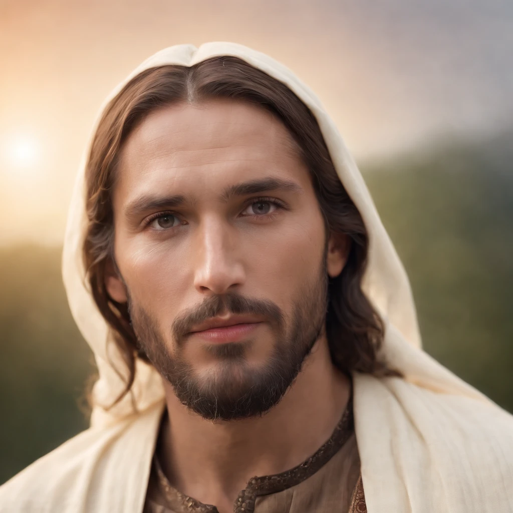 Draw an image of a profile face with a resemblance to Jesus Christ, dressed in clothes that hark back to the past, He is illuminated by a soft, divine light emanating from above, making Him stand out against the backdrop of the clear sky