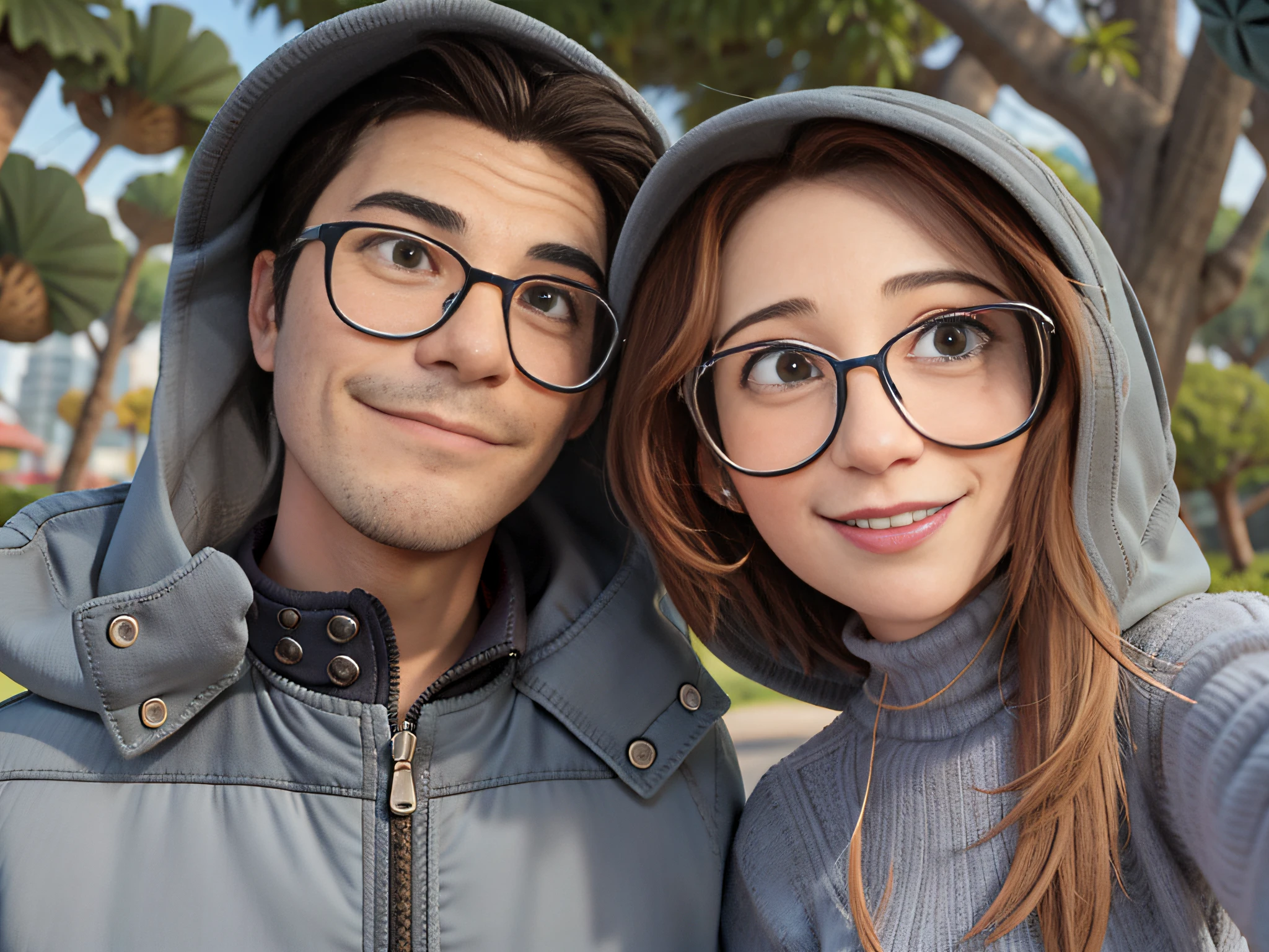 casal tirando uma selfie, fundo desfocado, fundo parque, clima frio, estilo PIXAR