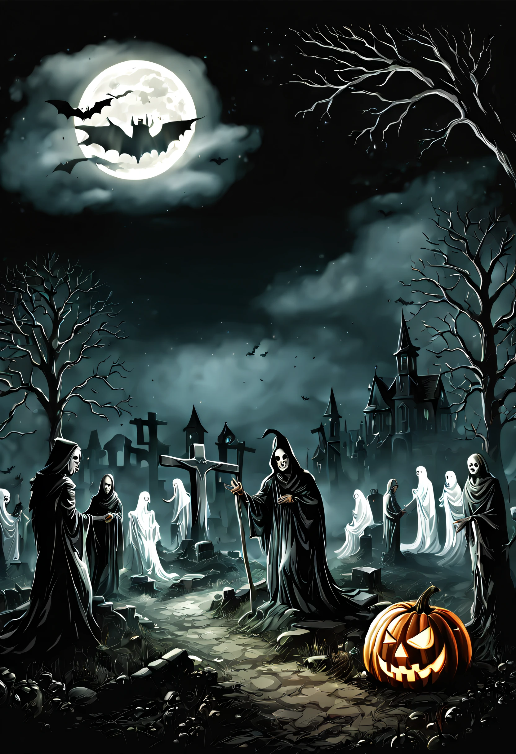 Vector art design for Hallowee(best quality, high resolution, ultra detailed, realistic: 1.37),Illustration of a cemetery on Halloween night, dead people coming out of their graves, ghosts prowling the area, full moon, the scene is shrouded by a dull fog, (Halloween art design vector: 1.32)