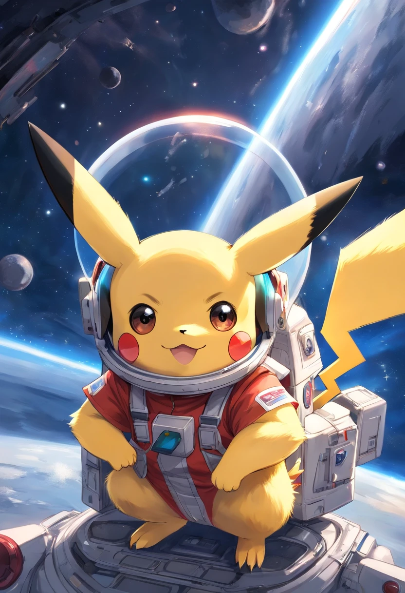 Playful cute Pikachu in astronaut clothes,Liveliness and agility,yellow and soft hair,red blush,Size, twinkle eyes,Cute pointed ears。(Pikachu:1.5)