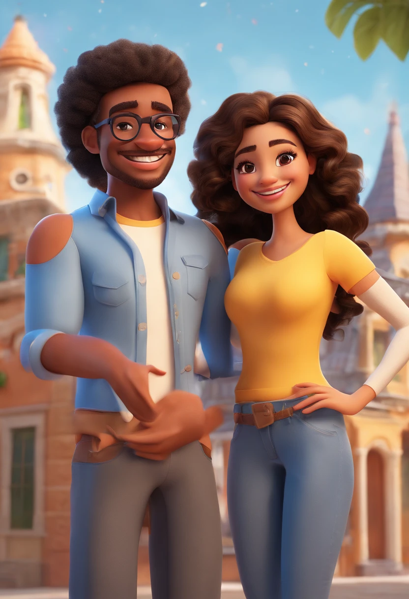 An illustration of an adorable couple, Highlight for a chubby mulatto man with smiling glasses and a brunette woman with beautiful expressive eyes - the man's skin is mulatto and the man's hair has, while the woman's skin is black and the woman's hair is straight and brown. They are a bright room, cada um com um sorriso no rosto, e compartilhar um momento especial caracterizado pelo amor, Insights. Illustrate this scene from a perspective where they are facing the camera, Smiling and Showing Your Connection. Desenvolva esta arte em Full HD, Focus on your cinematic touch, Estilo Disney Pixar Animations