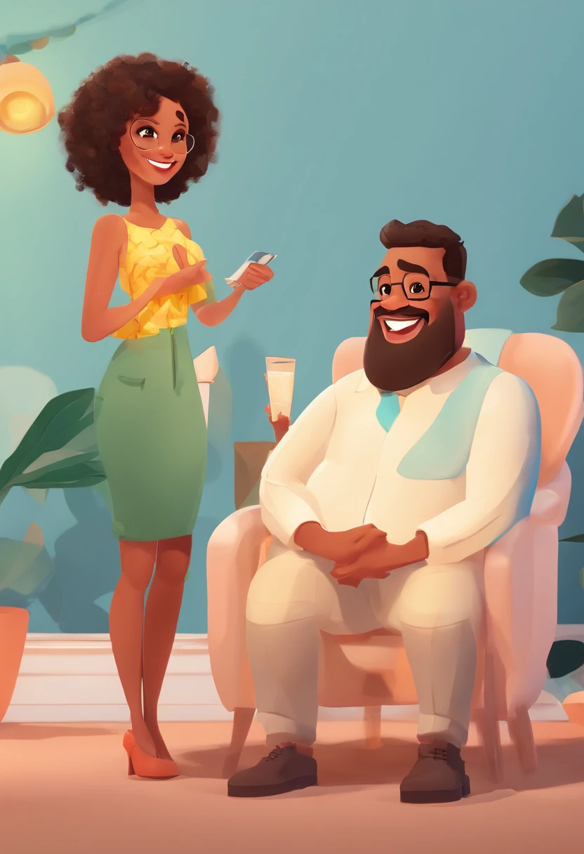 An illustration of an adorable couple, Highlight for a chubby mulatto man with smiling glasses and a brunette woman with beautiful expressive eyes - the man's skin is mulatto and the man's hair has, while the woman's skin is black and the woman's hair is straight and brown. They are a bright room, cada um com um sorriso no rosto, e compartilhar um momento especial caracterizado pelo amor, Insights. Illustrate this scene from a perspective where they are facing the camera, Smiling and Showing Your Connection. Desenvolva esta arte em Full HD, Focus on your cinematic touch, Estilo Disney Pixar Animations
