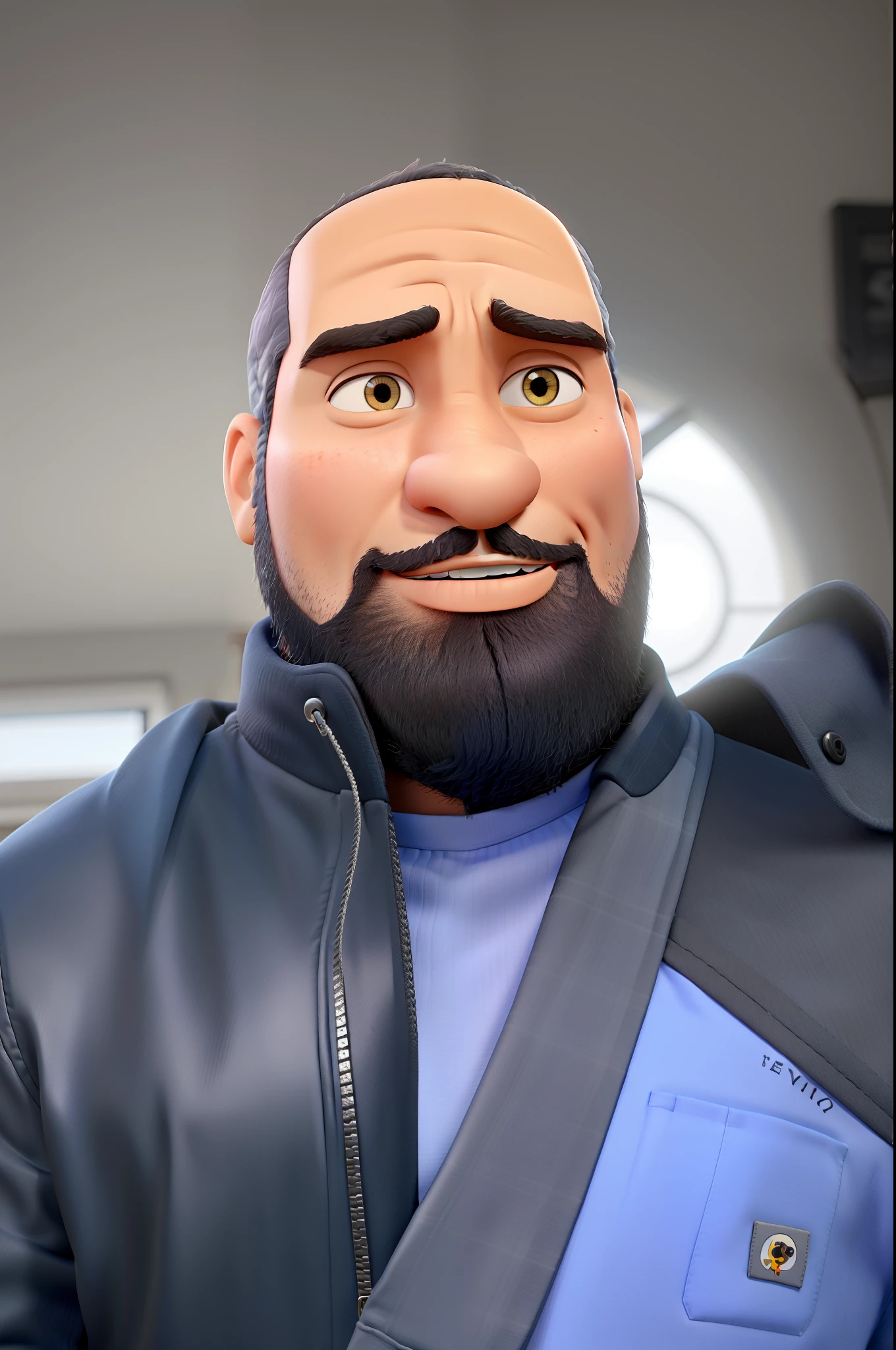 Homem negro estilo Pixar, jaqueta preta, camisa azul, confiante
