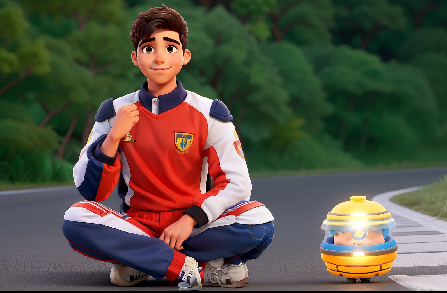 um jovem, lindo, gentil, gostoso, perfeito, cabelo curto castanho escuro, alegre, vestindo uma roupa de piloto de corrida, ao lado do meninopacete, iluminado pela luz natural