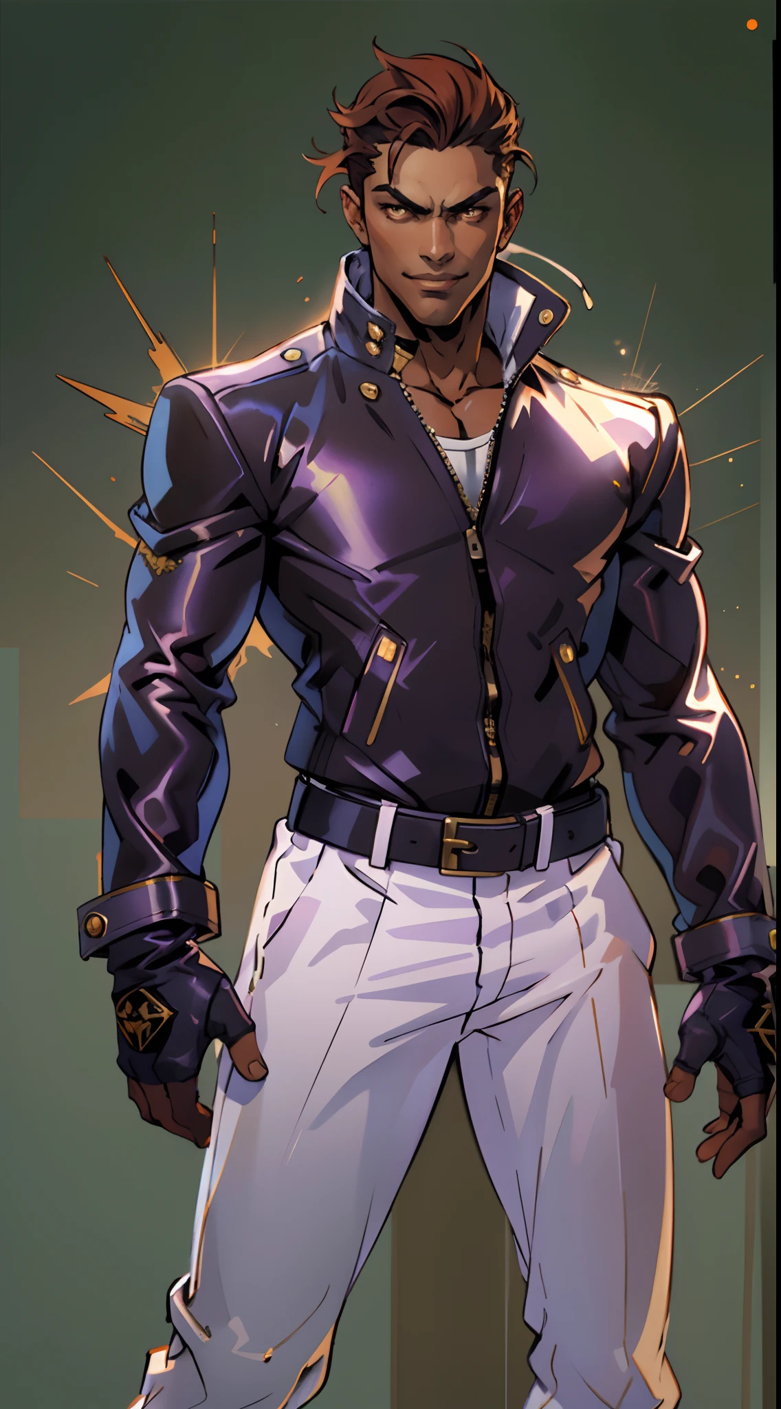 A young man, auburn hair, a center-parted back hairstyle, dark skin, narrow eyes, a cunning smile, a two-piece fantasy-reality style outfit, a white undershirt, a dark formal-style coat, wearing gloves, matching trousers with the outfit, has metallic-adorned knee-high boots, striking a boxing pose, against a background of horizon, this character embodies a finely crafted fantasy-reality style fighter in anime style, characterized by an exquisite and mature manga illustration art style, high definition, best quality, highres, ultra-detailed, ultra-fine painting, extremely delicate, professional, anatomically correct, symmetrical face, extremely detailed eyes and face, high quality eyes, creativity, RAW photo, UHD, 8k, Natural light, cinematic lighting, masterpiece-anatomy-perfect, masterpiece:1.5, tan skin