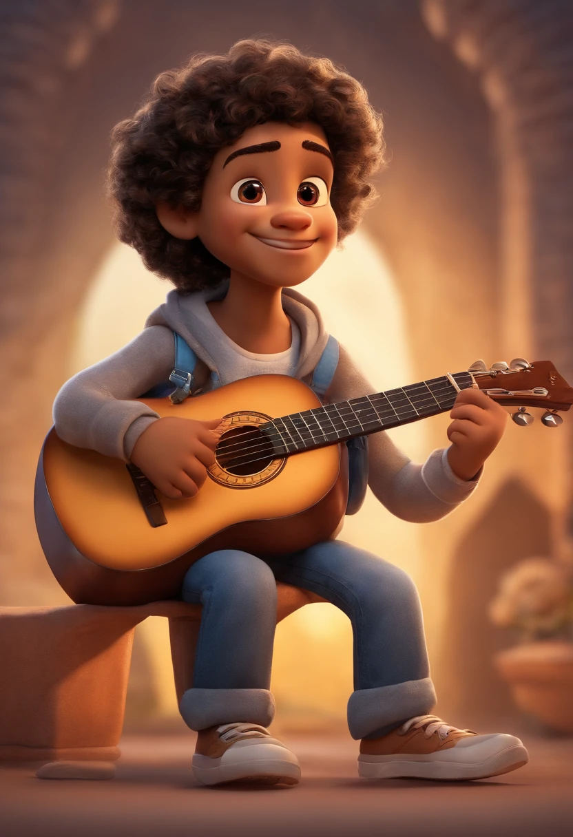 crie um banner no estilo Pixar. A boy with Indian features, moreno pardo com cabelos curtos, Castanhos escuros, Curly and slightly grayish appearance, mas jovem, usando uma camiseta, Wearing jeans and holding a classical guitar with 7 strings.