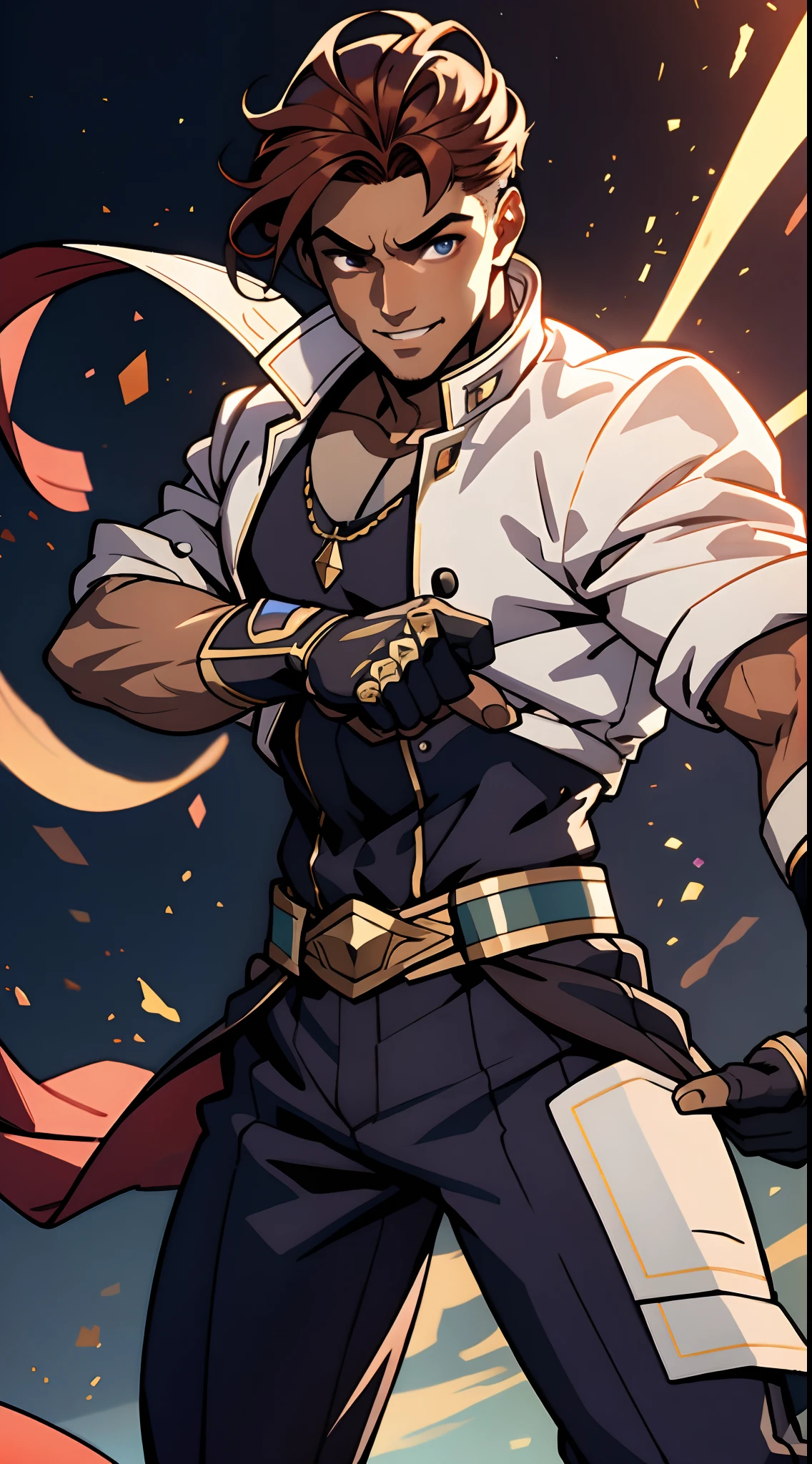 A young man, auburn hair, a center-parted back hairstyle, dark skin, narrow eyes, a cunning smile, a two-piece fantasy-reality style outfit, a white undershirt, a dark formal-style coat, wearing gloves, matching trousers with the outfit, has metallic-adorned knee-high boots, striking a boxing pose, against a background of horizon, this character embodies a finely crafted fantasy-reality style fighter in anime style, characterized by an exquisite and mature manga illustration art style, high definition, best quality, highres, ultra-detailed, ultra-fine painting, extremely delicate, professional, anatomically correct, symmetrical face, extremely detailed eyes and face, high quality eyes, creativity, RAW photo, UHD, 8k, Natural light, cinematic lighting, masterpiece-anatomy-perfect, masterpiece:1.5, tan skin