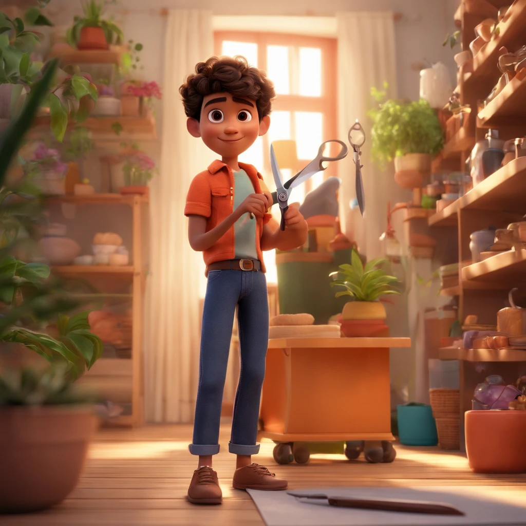 fundo branco, pixar desenhos animados 3D, Japanese young man holding scissors, ::estilo pixar cartoon
