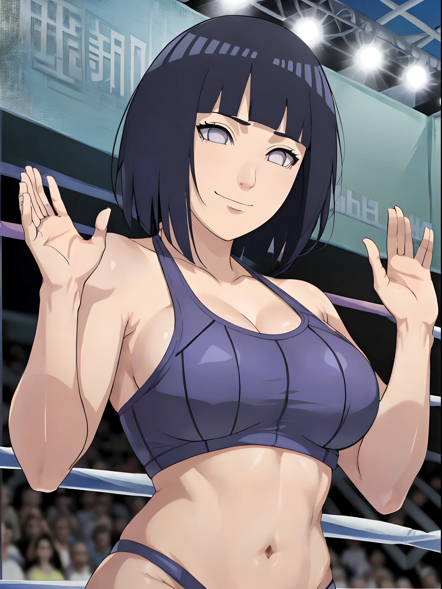 (stretching, floating hair, broad shoulders, little biceps, closed fists, showing off, upper body view), wrestling arena with audience, (totally naked, totally naked, nipples), ((thick arm)), , wrestling arena with audience, anime style, cute , beautiful , nice body, soft body, (hinata\(boruto\), (slender body), mature woman , big breasts, broad shoulders, off-shoulders, (totally naked, nipples, mile, closed mouth, pale skin, , smile, (dark blue hair color:1.1), wavy hair, floating hair, ((very short hair, hime cut، loose hair), big breasts, (perfect eyes, white sciera, bright eyes, white eyes, anime eyes)