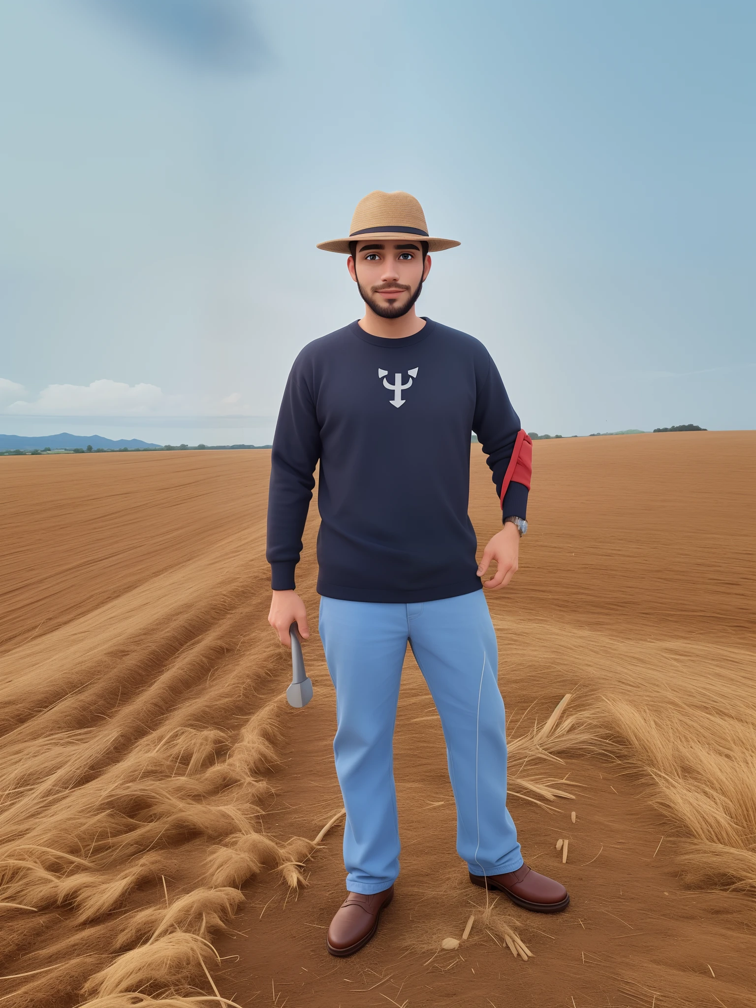 Um homem de 26 anos, in a hat, barba, olhos azuis, olhar fixante, in the middle of farmland.