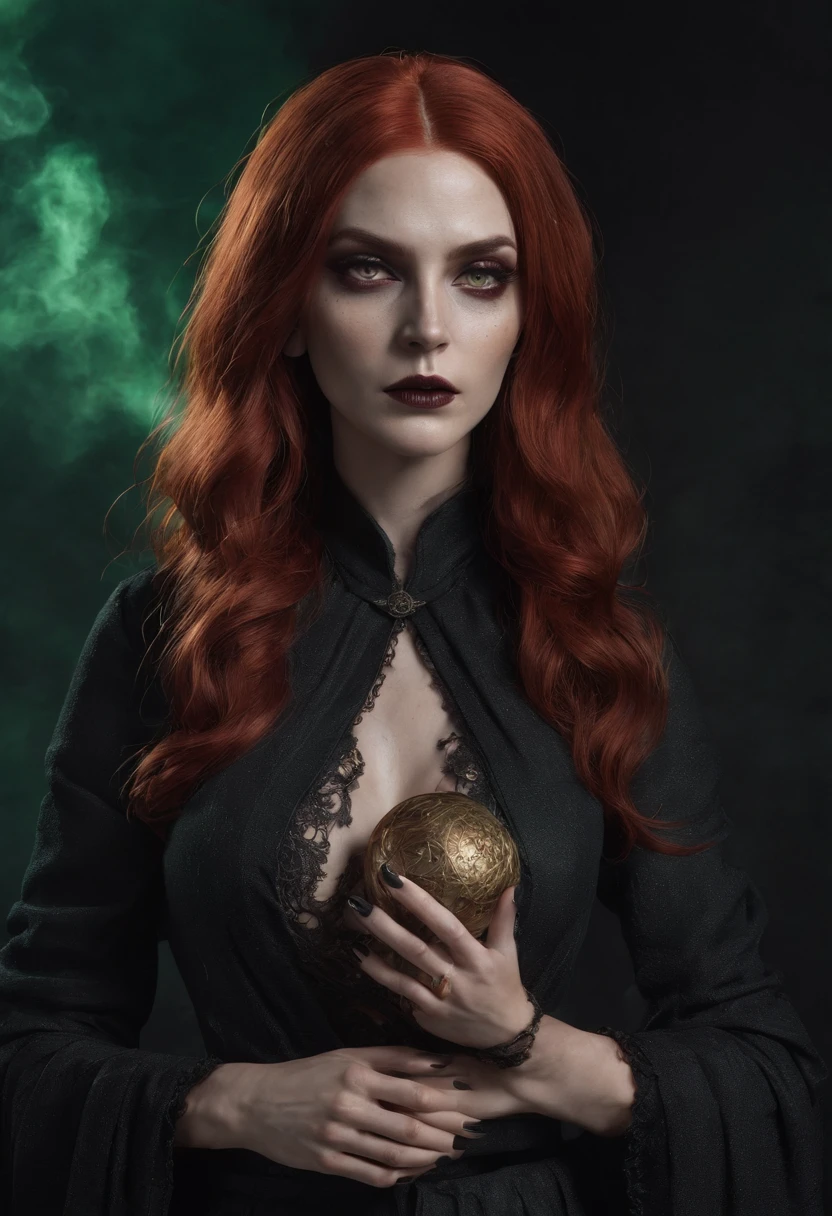 The witch woman, with her flowing witch outfit and a dark room behind her should be ultra detailed and realistic. The witch's face is slightly wrinkled, there is a table in front of the witch and there are tarot cards on the table. The witch's hands are on the cards. The witch woman's face should be very ultra detailed, the witch's hand, eyes, outfit should be ultra detailed and realistic. The witch woman's breasts must be covered. The witch woman must have green eyes and red hair.