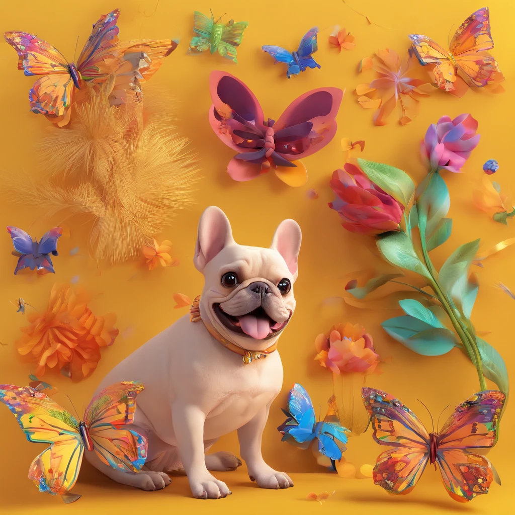 (best quality,4k,Altas,master part:1.2),portrait of Franzi and her faithful companion Chloe Maria, a fawn-colored female French bulldog, Deitada no jardim,com um sorriso feliz,usando uma bandana ,segurando suavemente um girassol, Surrounded by colorful butterflies and birds flying,raios de sol cintilantes iluminando a cena,em um estilo extravagante da Disney Pixar