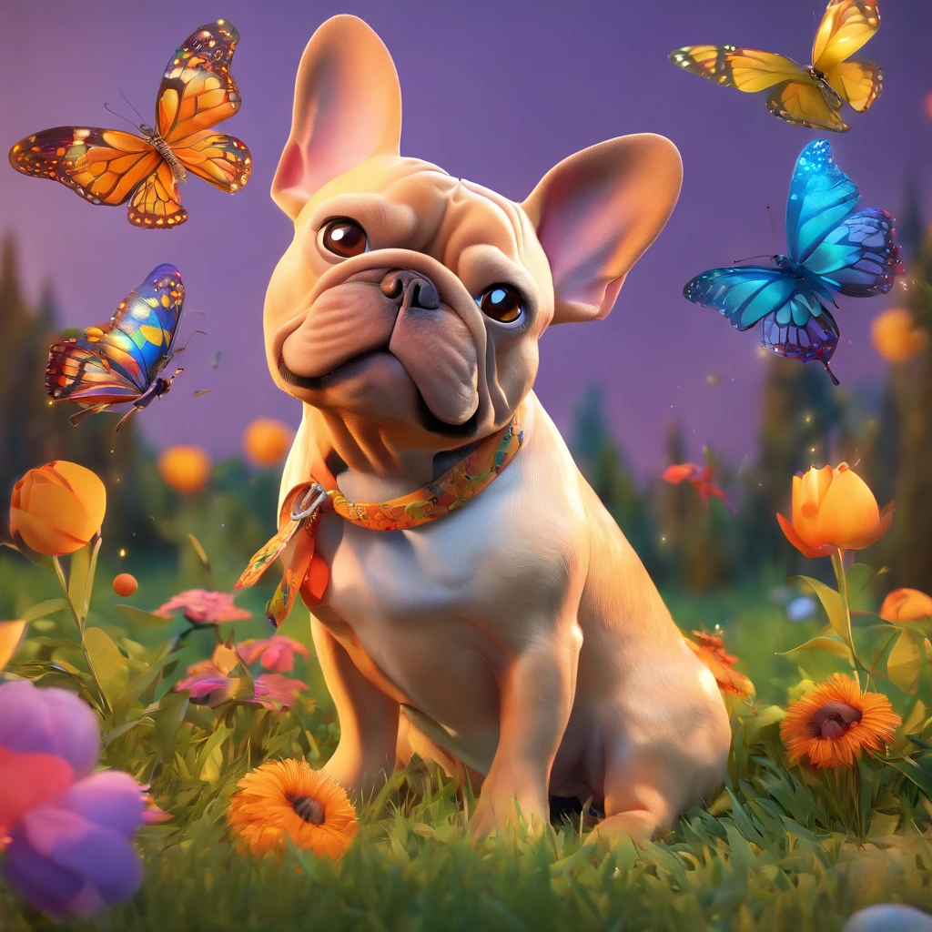 (best quality,4k,Altas,master part:1.2),portrait of Franzi and her faithful companion Chloe Maria, a fawn-colored female French bulldog, Deitada no jardim,com um sorriso feliz,usando uma bandana ,segurando suavemente um girassol, Surrounded by colorful butterflies and birds flying,raios de sol cintilantes iluminando a cena,em um estilo extravagante da Disney Pixar