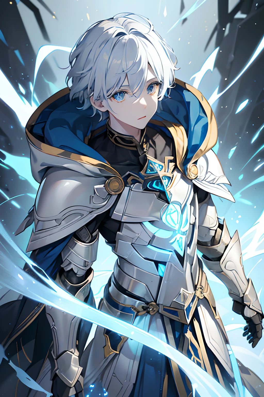 1 male boy, (((Albinism)))), Silver Eyes, ((Light Technological Armor of Metallic color with Highlights in blue and gold color)), Imperial, Hood on the Neck, Dark Blue Energy, having mostly the White Color, but having small Parts in dark blue and highlights in Neon green.