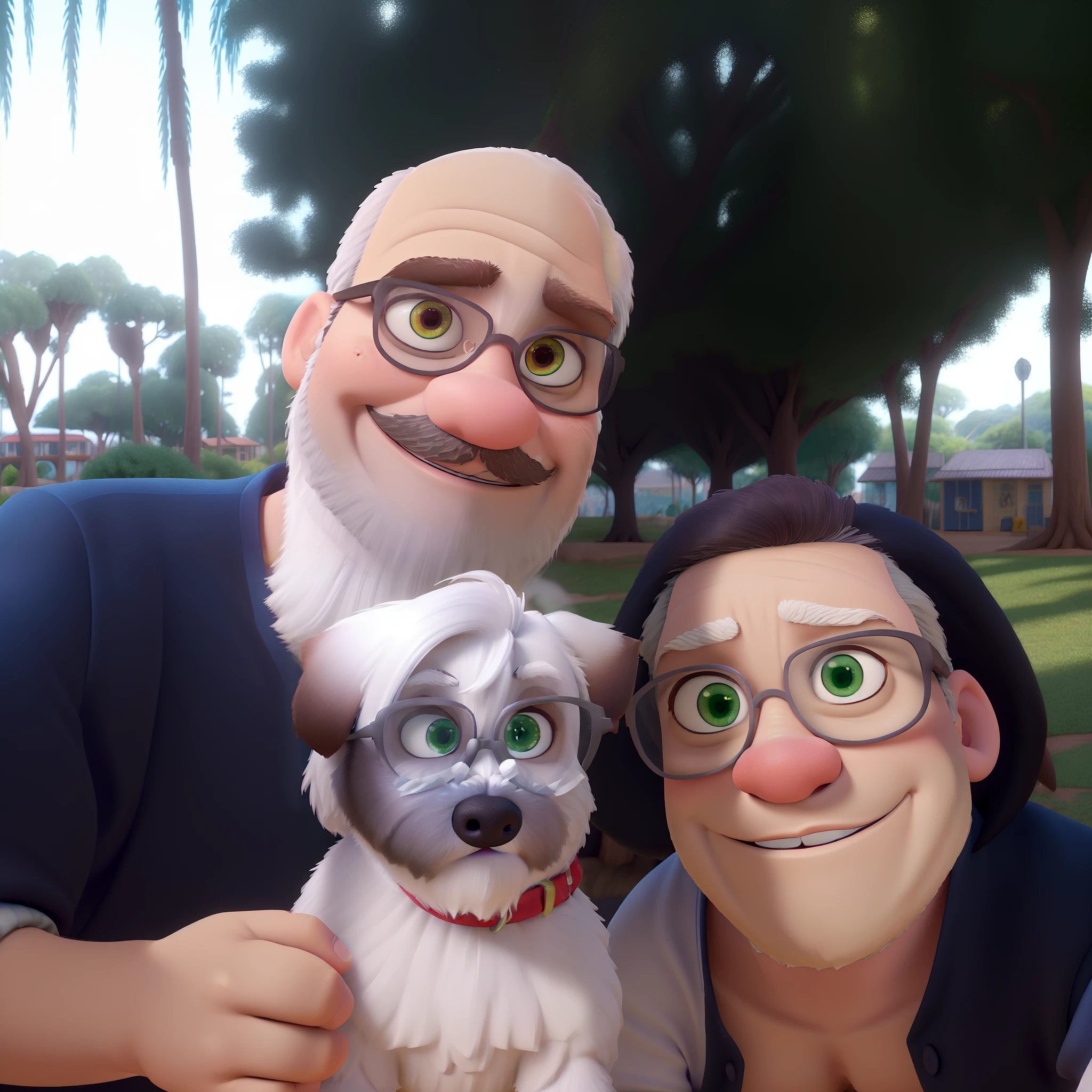 melhor qualidade, disney pixar, fofinhos. homem careca, 40 anos, medium white beard.  Mulher com olhos verdes, With eye Glasses.  Cachorro  shih-tzu, branco com grandes manchas castanhas, tosado. Parque.