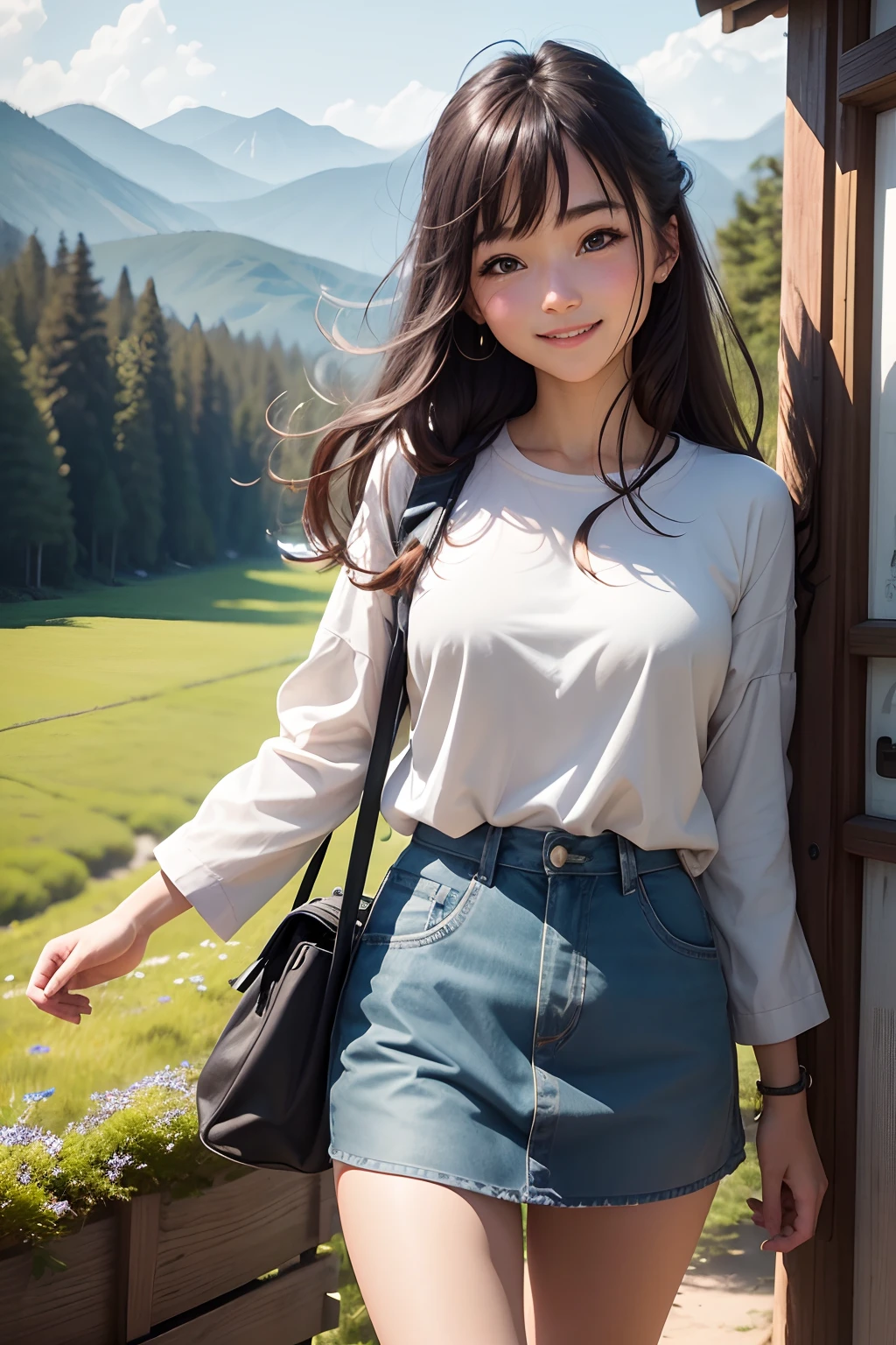 High-definition photos、The whole body is shown.、Faraway view、Young woman coming to camp on a starry day、Look at me with a smile。Outdoor style、rcasual、kindly smile、kawaii。
