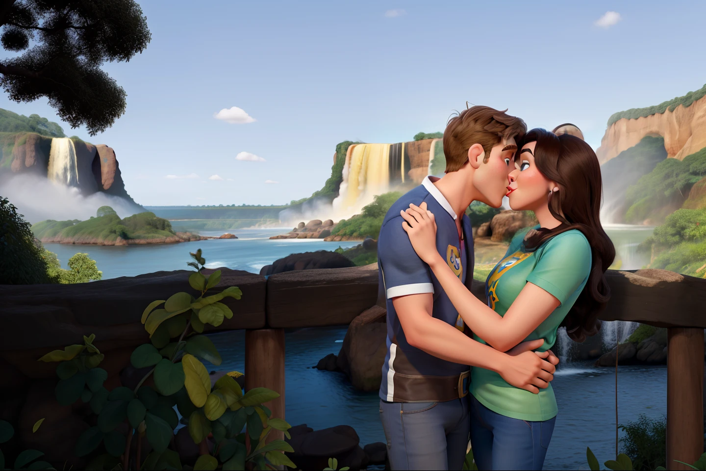 Disney Pixar cartoon, casal apaixonado, kiss at the falls of Foz Iguaçú, brunette woman India with blond man italiano, com camiseta do time de futebol brasileiro