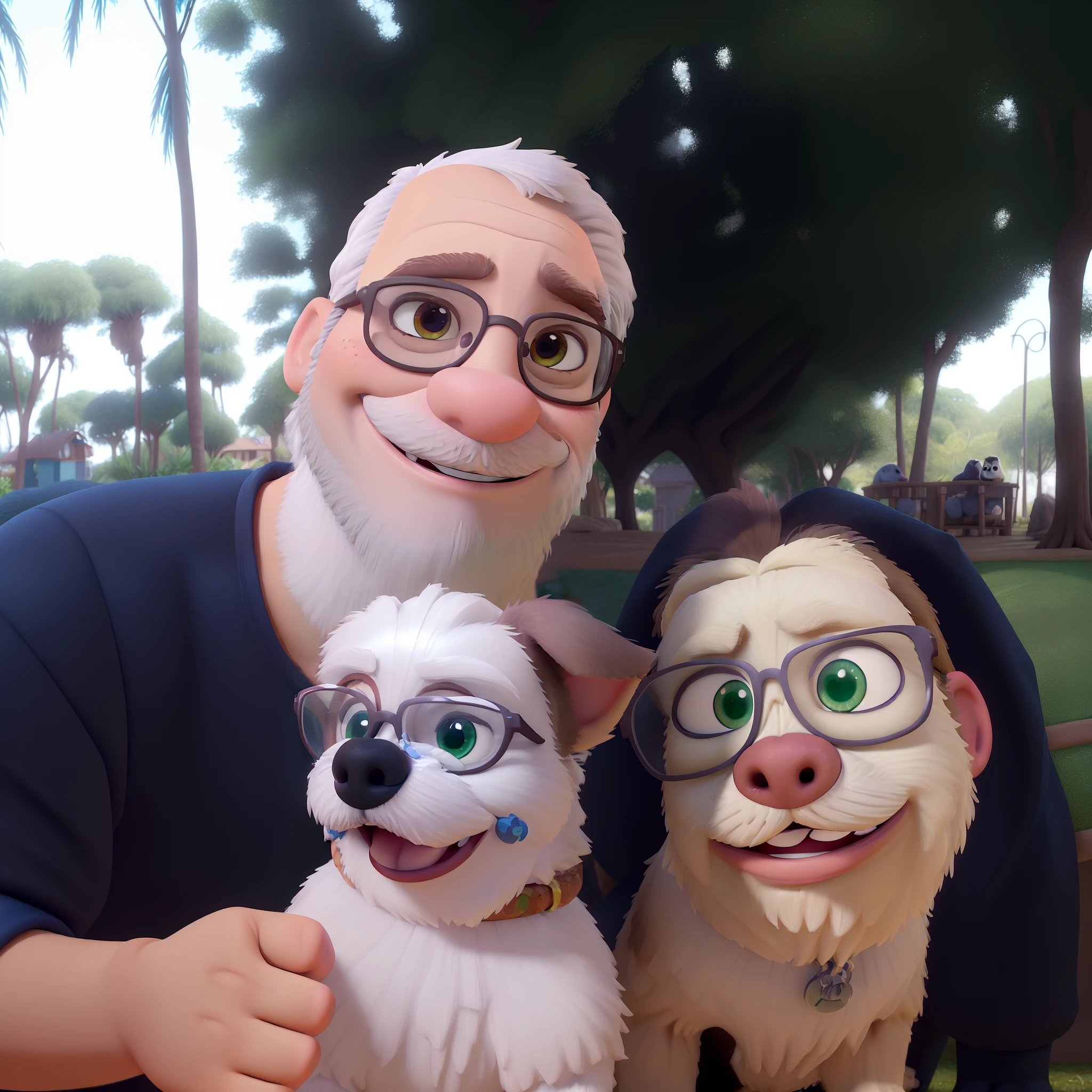 melhor qualidade, disney pixar, fofinhos. homem careca, 40 anos, medium white beard.  Mulher com olhos verdes, With eye Glasses.  Cachorro  shih-tzu, branco com grandes manchas castanhas, tosado. Parque.