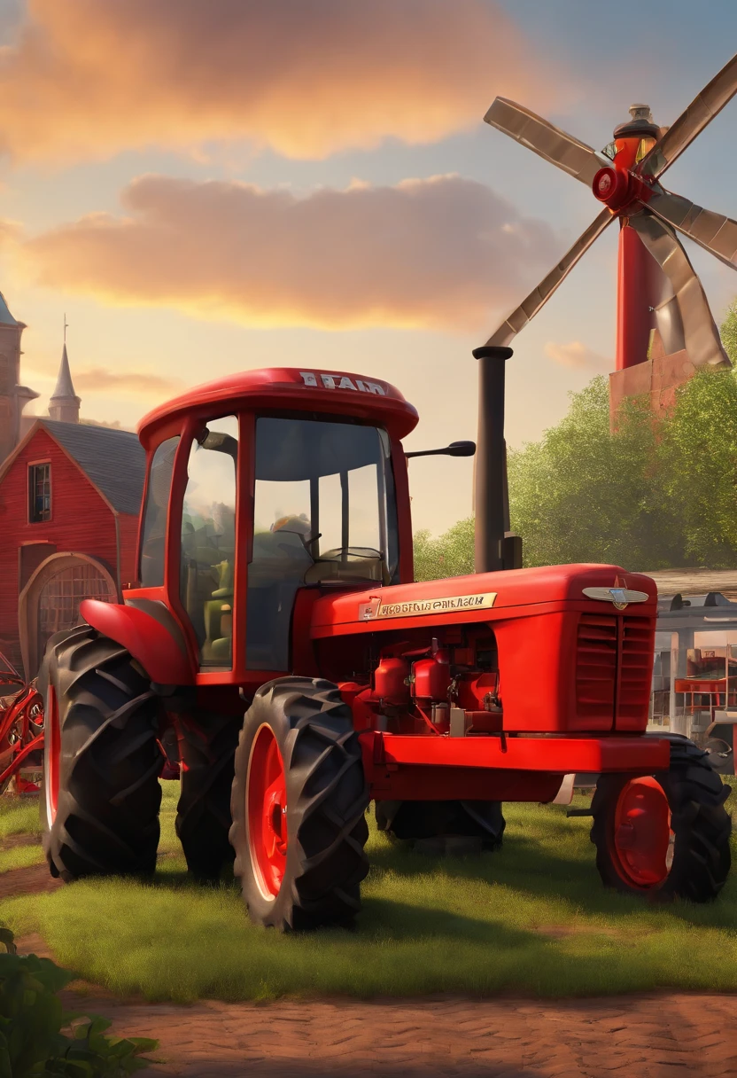 3D Pixar style drawing of a farm machine dealership in the city center with a tractor in the foreground