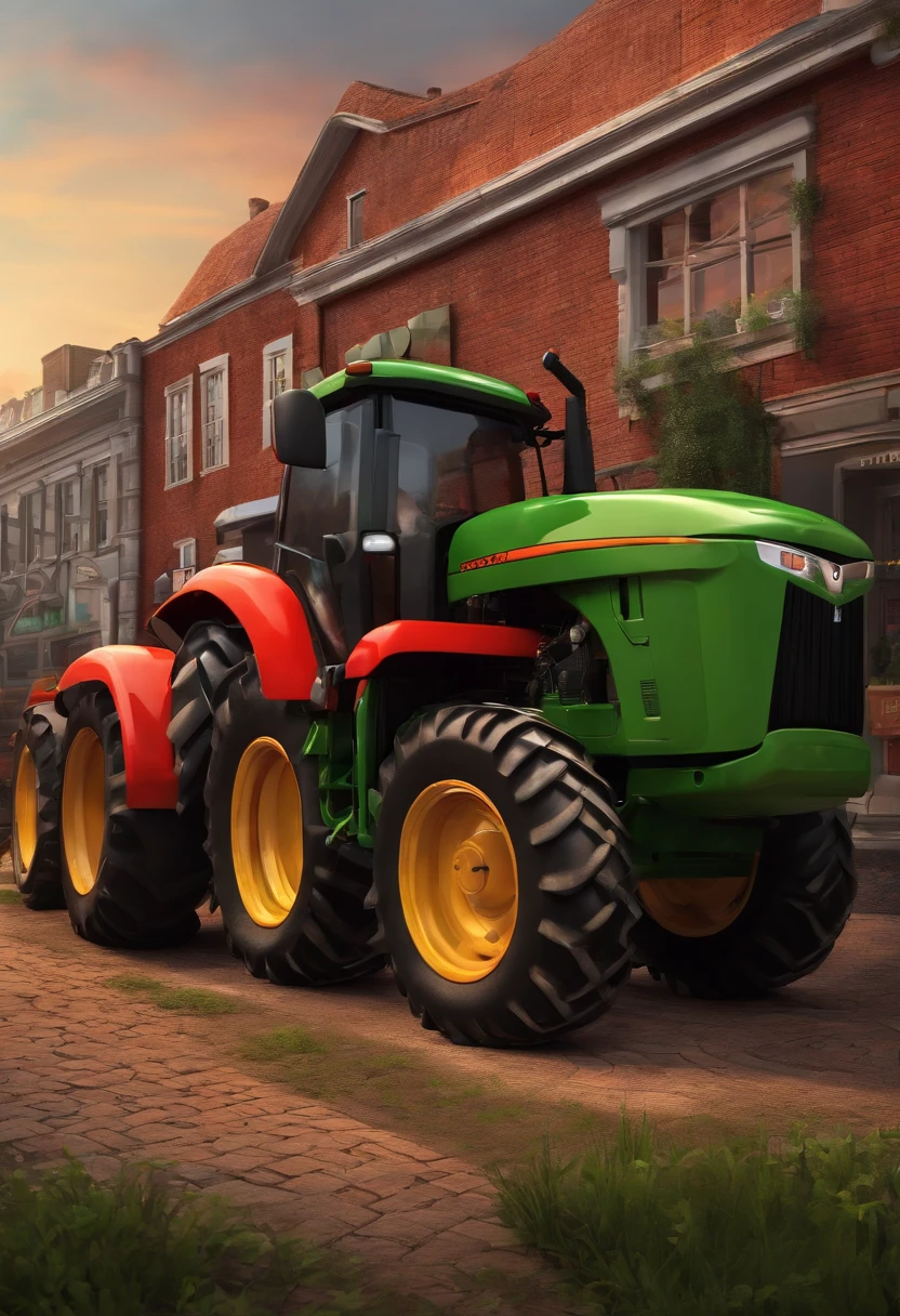 3D Pixar style drawing of a farm machine dealership in the city center with a tractor in the foreground