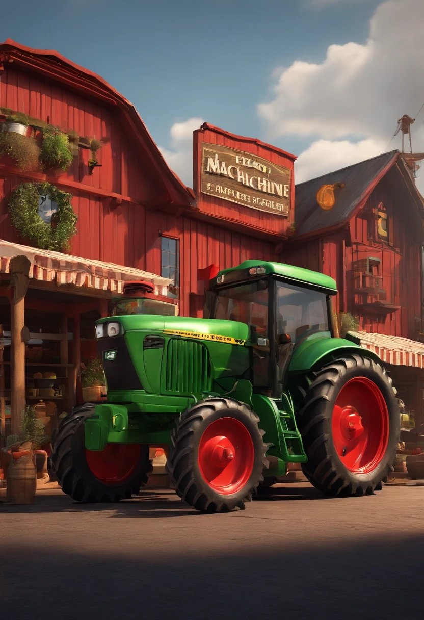 3D Pixar style drawing of a farm machine dealership in the city center with a tractor in the foreground