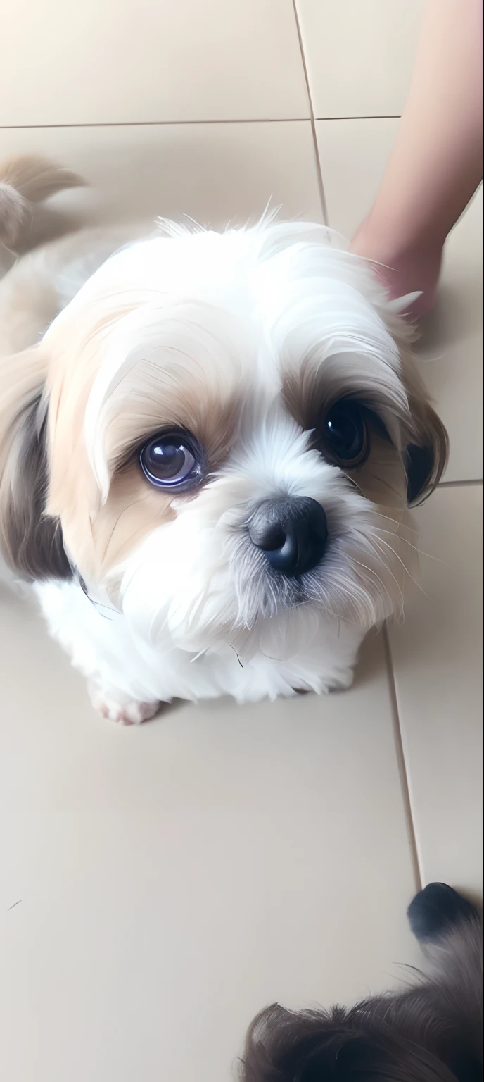 there is a small dog that is sitting on the floor, Shih Tzu, Dog cute, staring directly at camera, bonito, staring directly at camera, Looking towards the camera, looks into the camera, com olhos bonitos, looking-into-camera, looking-into-camera, Looking directly at the camera, looking-into-camera, com nariz pequeno