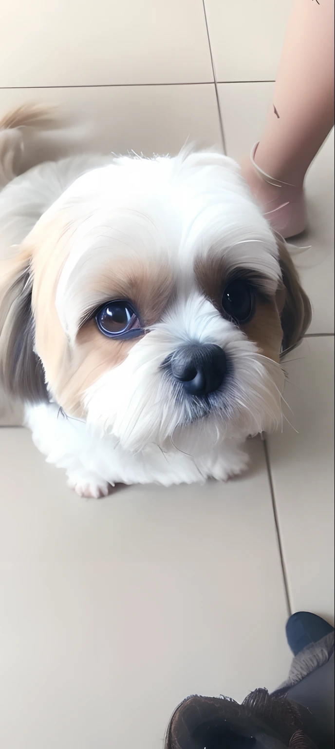 there is a small dog that is sitting on the floor, Shih Tzu, Dog cute, staring directly at camera, bonito, staring directly at camera, Looking towards the camera, looks into the camera, com olhos bonitos, looking-into-camera, looking-into-camera, Looking directly at the camera, looking-into-camera, com nariz pequeno