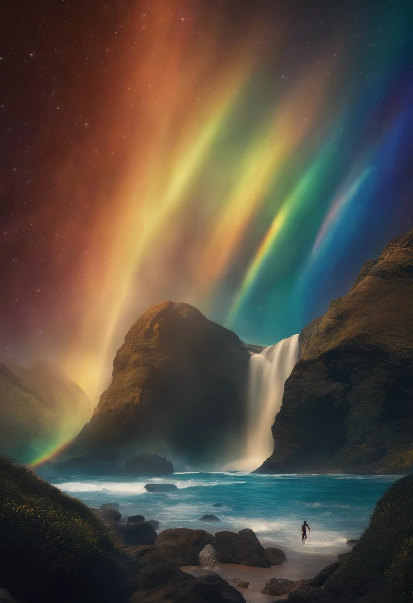master part, Necessidade do Bem, 1 Homem, adulto, mulher madura, Tall-muscled man, tema escuro, magical array, Bolhas, rainbow light, underwater, espelho, Folhas de vidro flutuantes, rainbow light, Redemoinho de Bolhas, wind vortex, aurora, paisagem de fantasia, Luz das estrelas ao redor do personagem, (parte superior do corpo), Nu na parte superior do corpo, with a unicorn tattoo