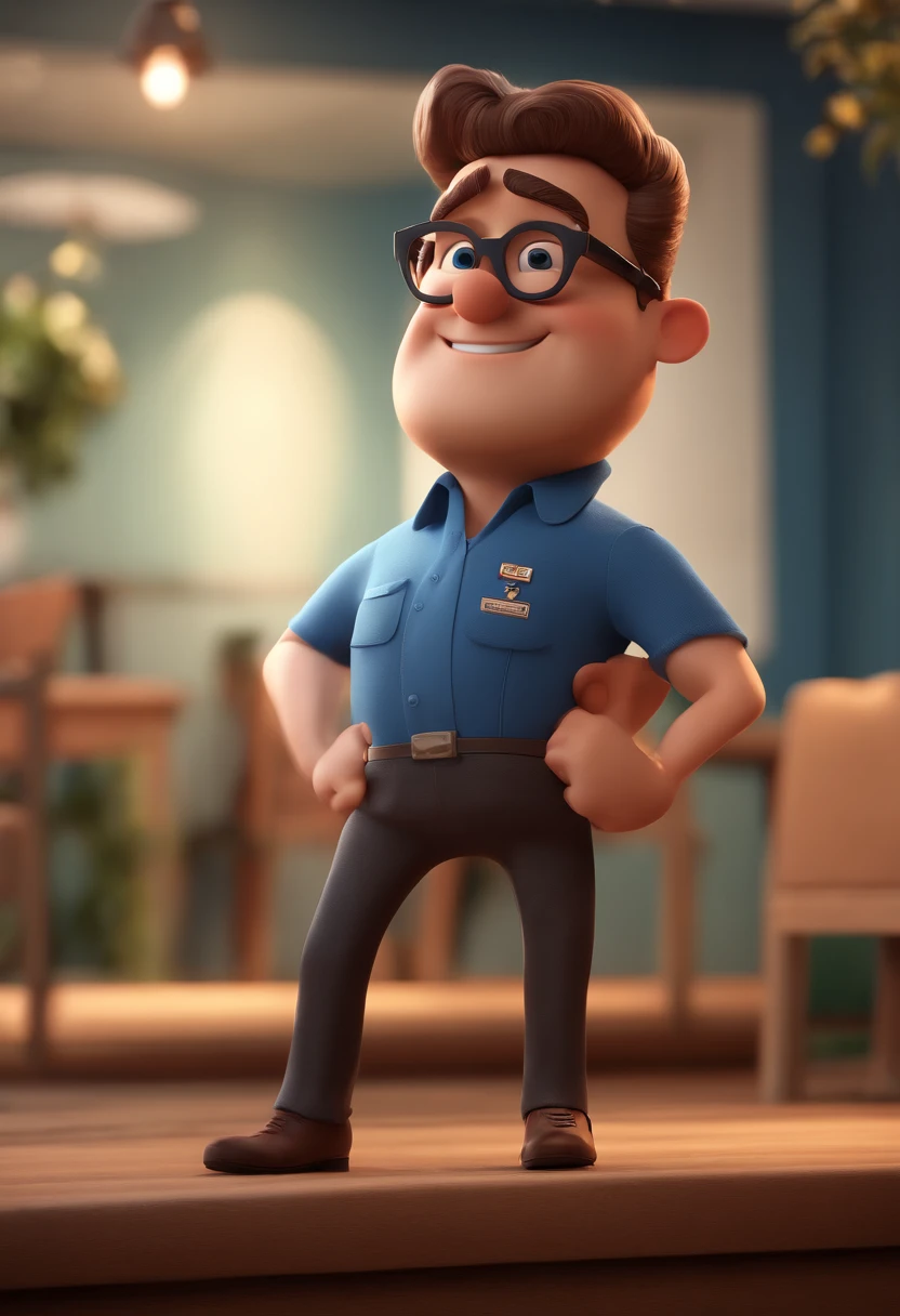 Cartoon character of a man with black glasses and a blue shirt, animation character, Caractere estilizado, animation style rendering, 3D estilizado, Arnold Maya render, 3 d render stylized, toon render keyshot, Personagem 3D, Personagem 3D, 3d rendering stylized, 3 d character render, personagem de desenho animado, Personagem de close up, Pose de personagem, (Estilo Pixar) (master part:1.2) (Bokeh) (best quality) (pele detalhada) (textura detalhada) (8k) (argila) (Cinematic lighting) (foco nítido