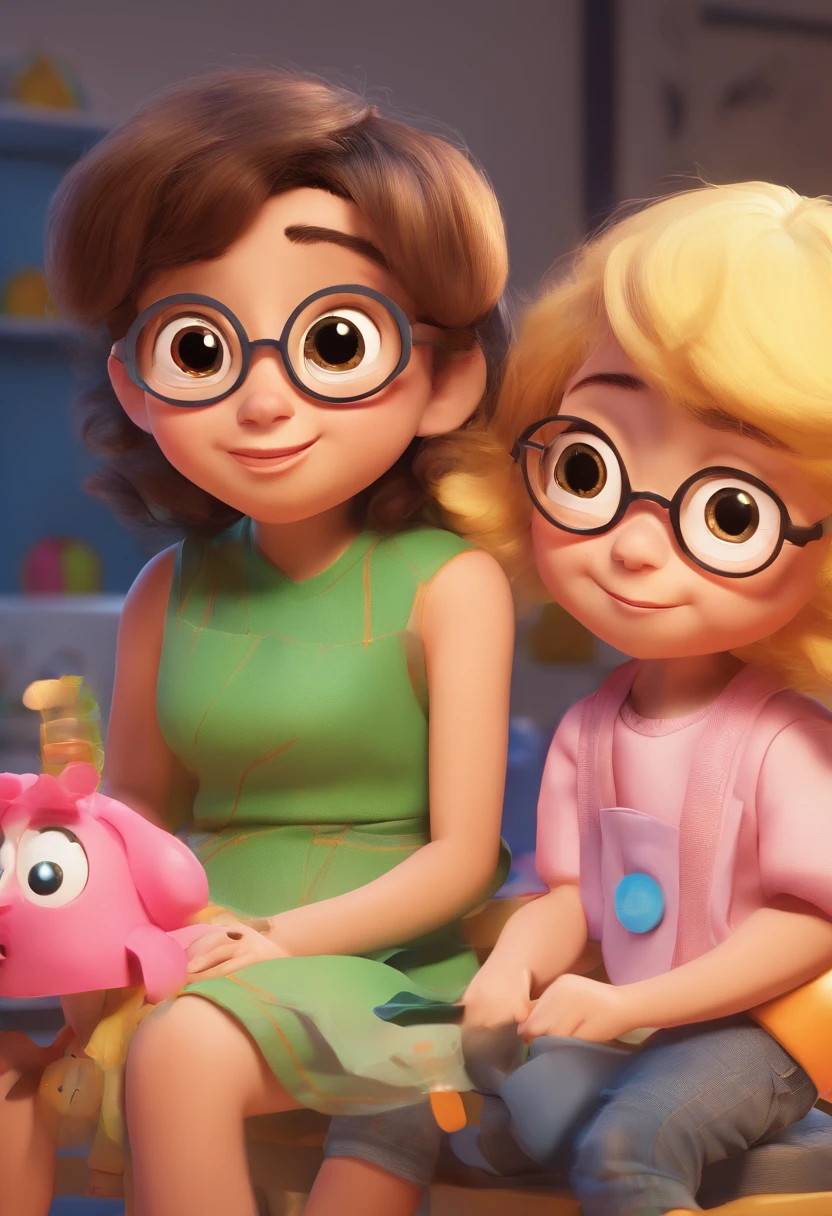 Estilo Pixar: Familia, Um pai, A mother , one girls ana baby boy. A menino de 6 anos e outro de 2 meses .  Pai um pouco careca, cabelo cor castanho escuro, wears black oval stem glasses., Little tapered rectangular face on the chin.
