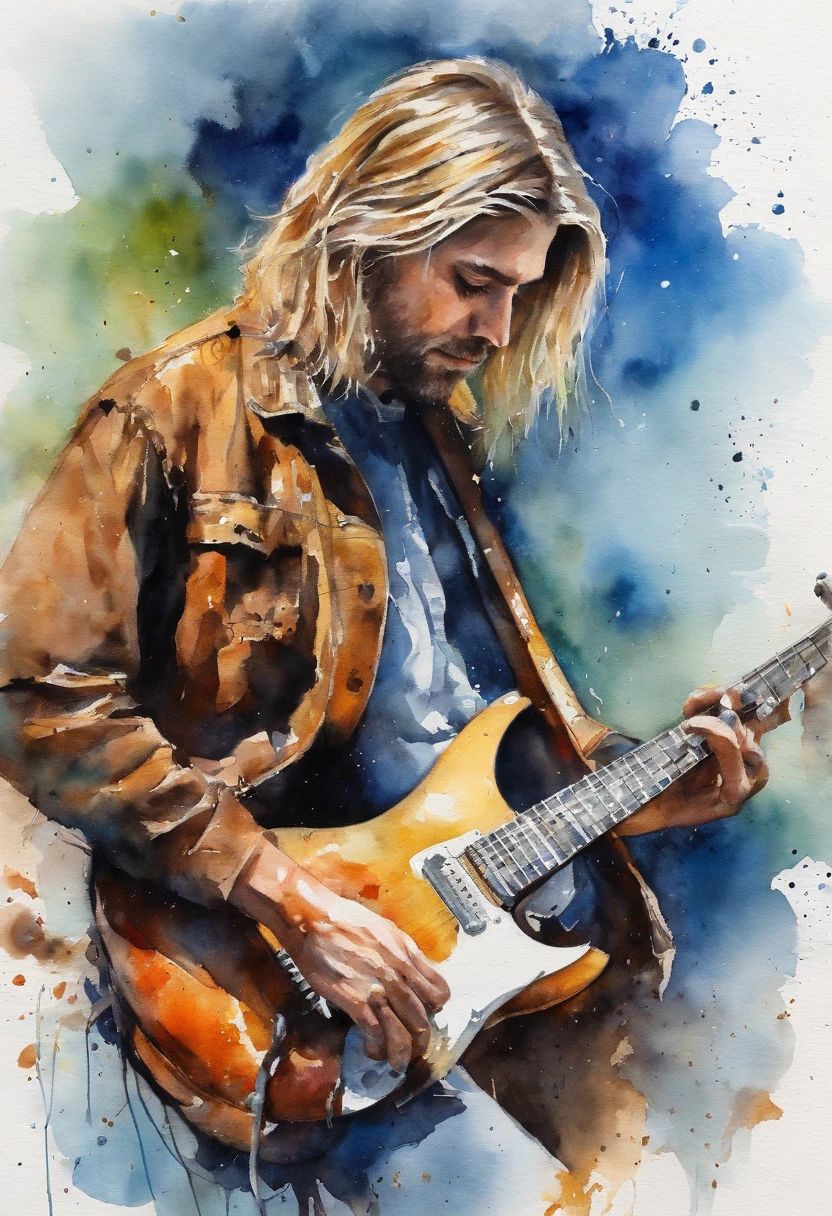 Guitarrista Kurt Cobain tocando guitarra em cima de uma montanha de gelo