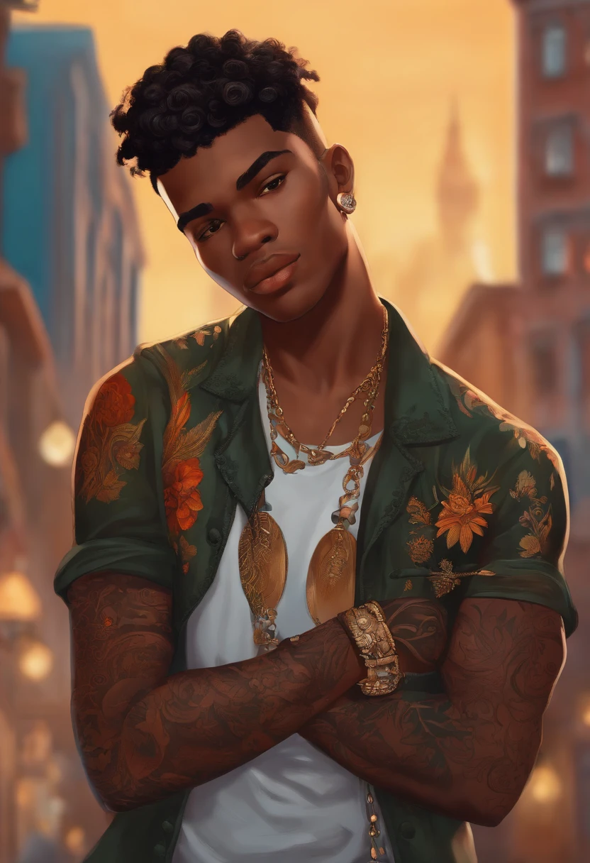 personagem dos desenhos animados de um jovem homem negro cabelo cacheado e brincos tatuado