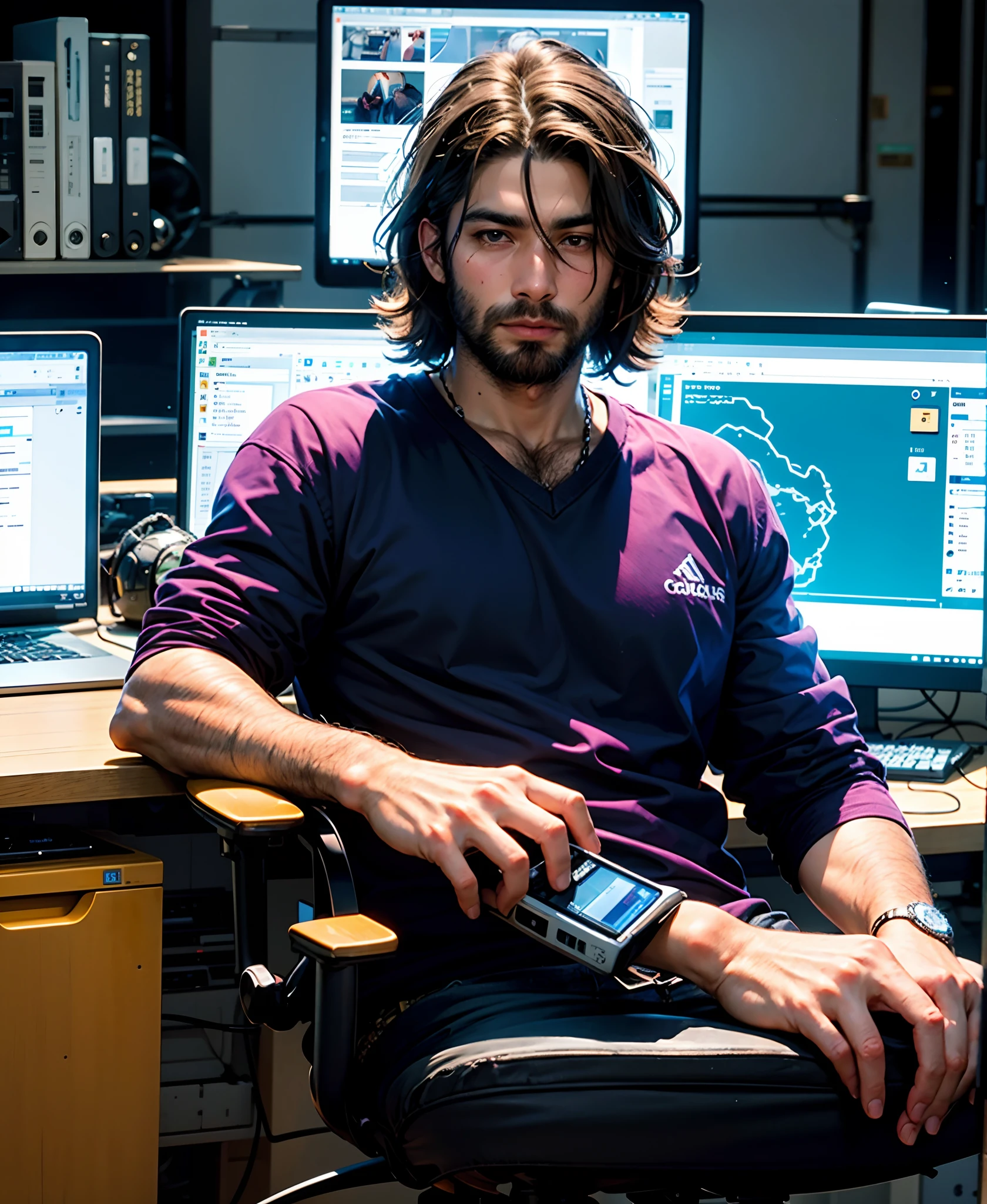 Criar imagem pixel, sou homem, tenho 28 anos, sou magro, pele parda, cabelo baixo preto, olhos pretos, barba baixa, nariz fino, camisa branca, Next to an office with computers.