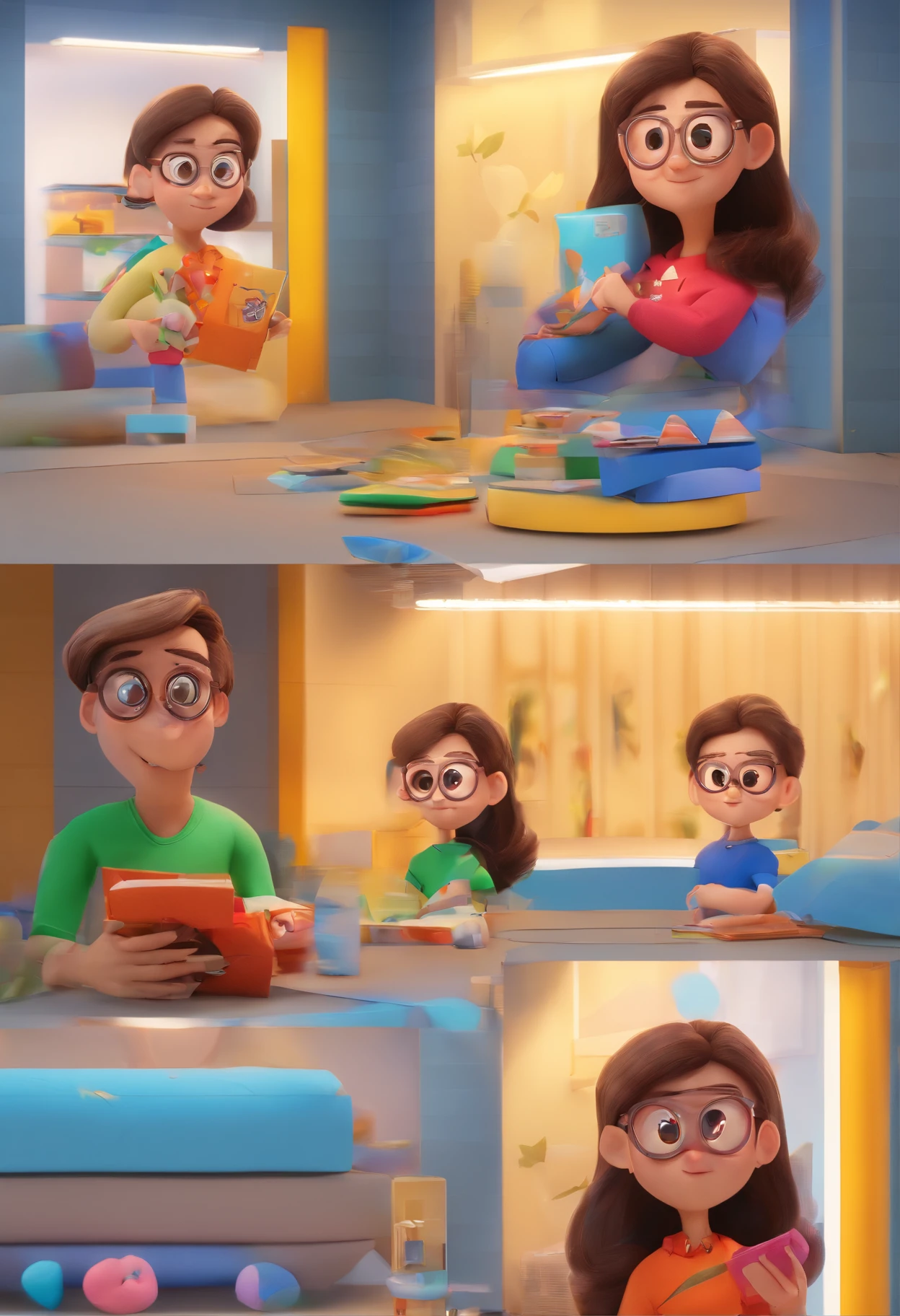 Estilo Pixar: Familia, Um pai, A mother , one girls ana  boy. A menino de 6 anos e outro de 2 meses .  Pai um pouco careca, cabelo cor castanho escuro, wears black oval stem glasses., Little tapered rectangular face on the chin.