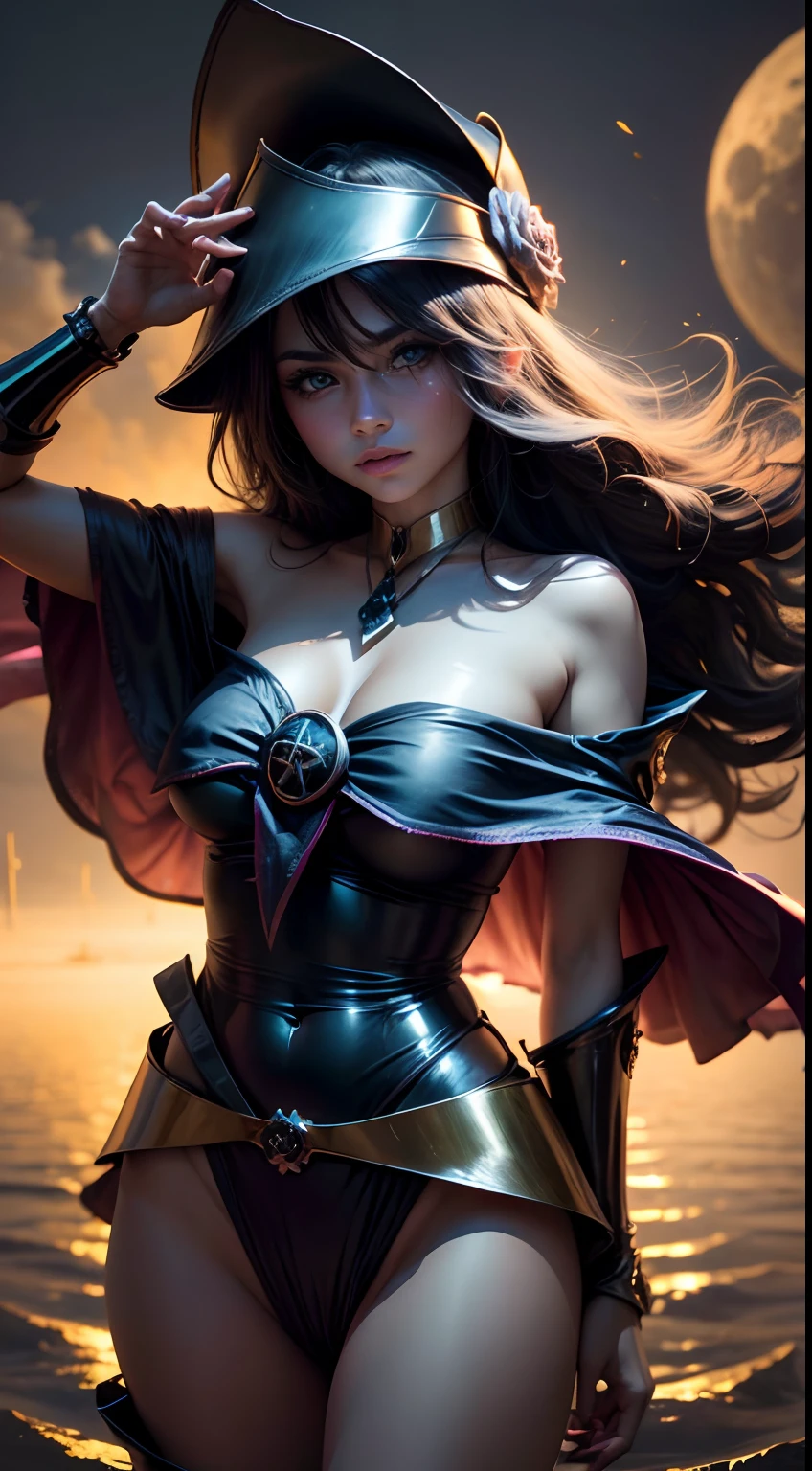 (Obra maestra:1.2), (La mejor calidad:1.2), Perfect lighting, Chica Maga Oscura lanzando un hechizo, flotando en el aire, tetas grandes, escote, fondo de magia. Corazones transparente en el ambiente, Pose sujestiva y sensual. Hot. Fondo de magia