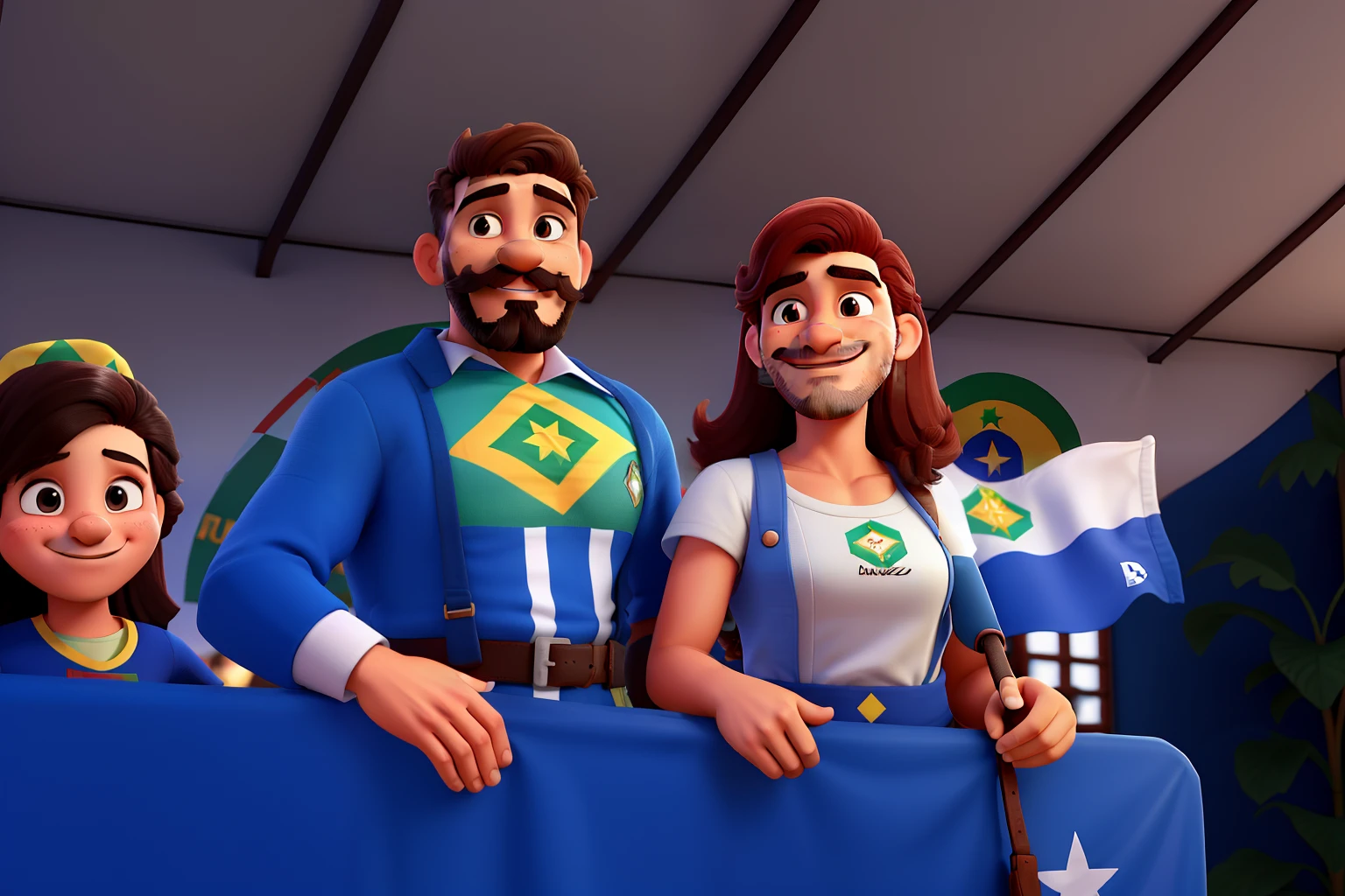 homem moreno de bigode sem barba  e terno, Sorrindo segurando bandeira do Brasil ao lado da mulher no vestido azul segurando a bandeira do ambos de cabelo castanho escuro