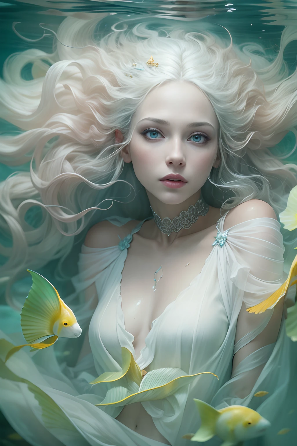 A beautiful albino woman in flowing garments, small chest, captivating qualities of magic, ethereal, mermaid, under water