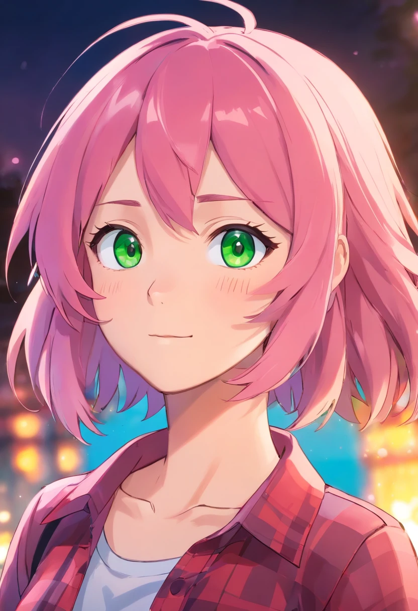 smirk, sakura4_wrise, boruto: naruto next generations, naruto shippuuden , 1girl, bangs, facial mark, green eyes, parted bangs, pink hair, red hairband, bra, short hair, solo, upper body ((masterpiece)) (blue and red checkered shirt)