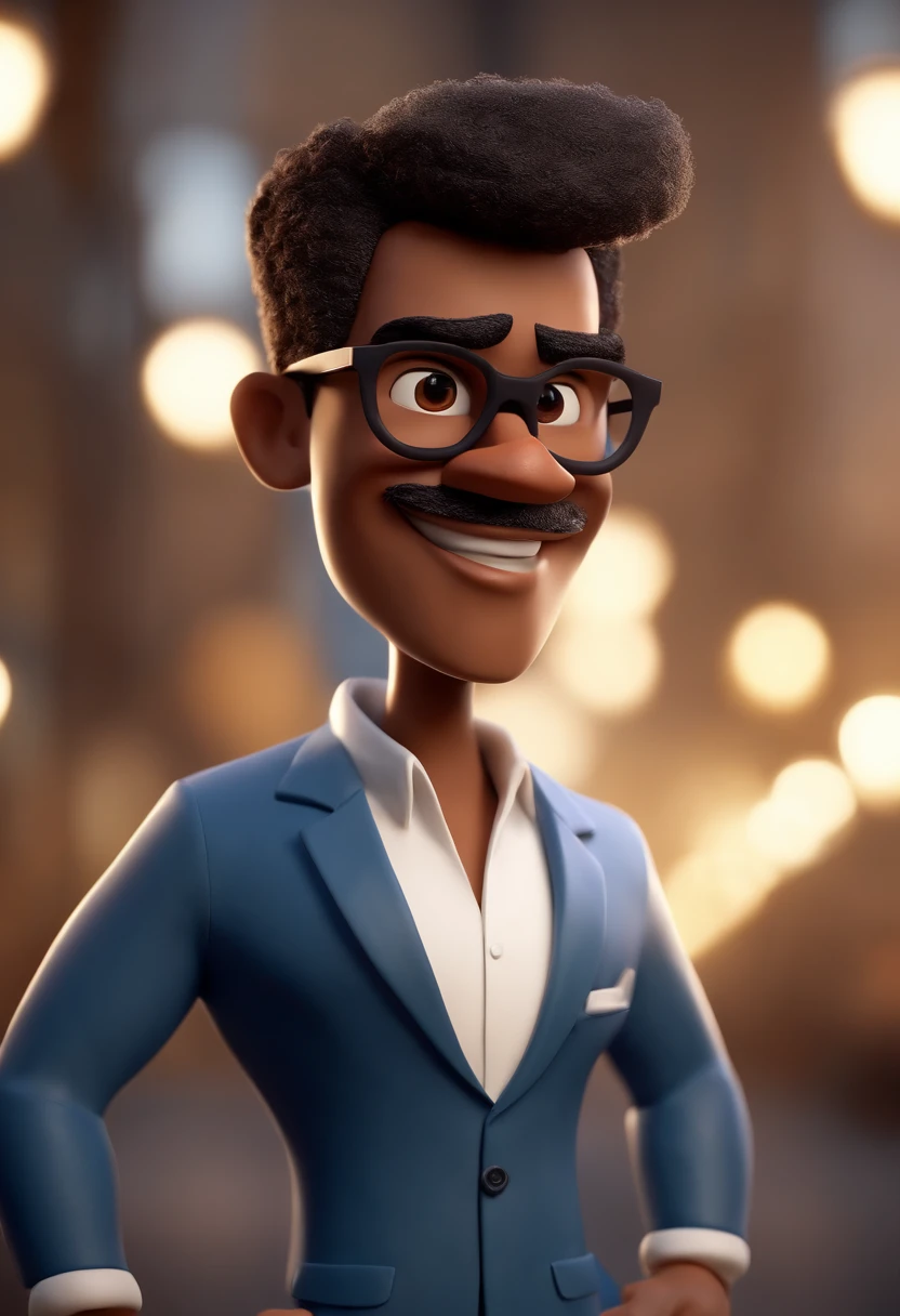 Cartoon character of a brown-skinned man with black glasses in a blue suit and white shirt , careca, Com barba cumprida, animation character, Caractere estilizado, animation style rendering, 3D estilizado, Arnold Maya render, 3 d render stylized, toon render keyshot, Personagem 3D, Personagem 3D, 3d rendering stylized, 3 d character render, personagem de desenho animado, Personagem de close up, Pose de personagem, (Estilo Pixar) (master part:1.2) (Bokeh) (best quality) (pele detalhada) (textura detalhada) (8k) (argila) (Cinematic lighting) (foco nítido