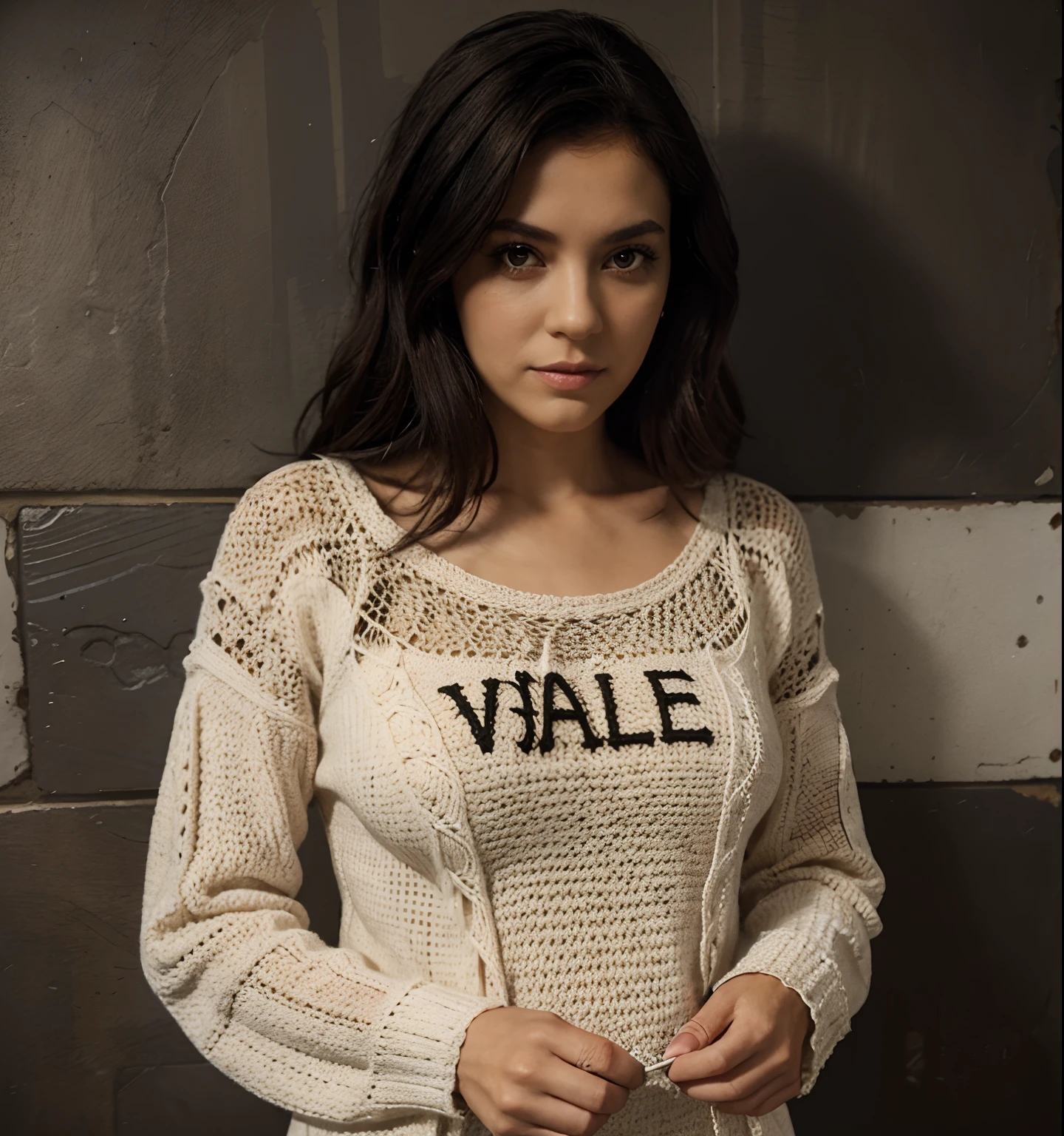 Lady crocheting dark brown eyes black hair a name written on the wall "Val's crochet"