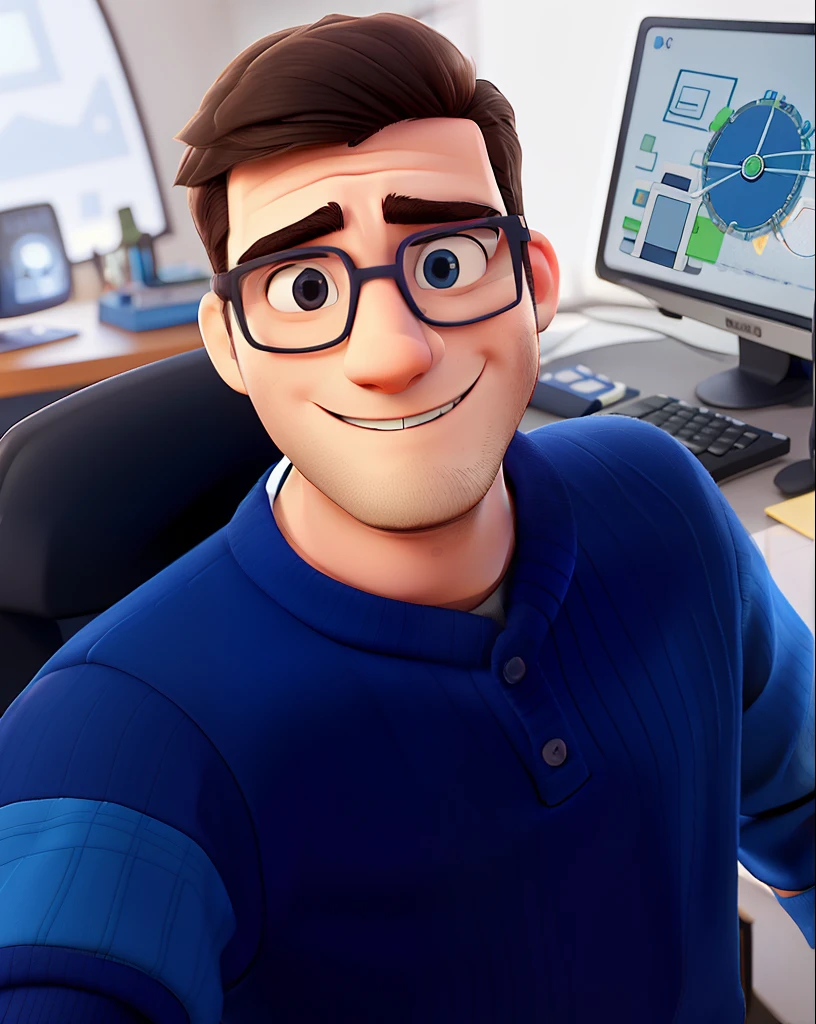 A nerdy-looking young adult is smiling and wearing round glasses. Rosto meio triangular Ele tem barba e cabelo curto pretos bem cuidados. He's dressed in a blue sweater and he's taking a selfie in his office. In the background, A computer is visible.