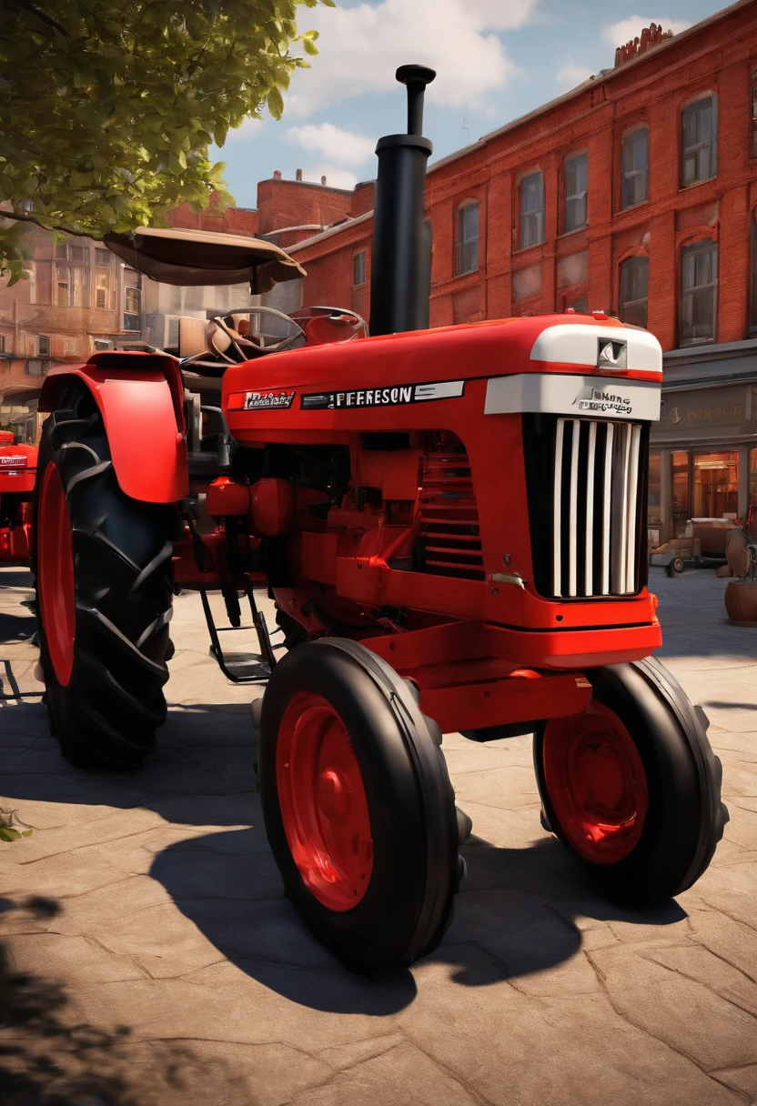 3D Pixar style drawing of a Massey Ferguson agricultural machinery dealership in the city center with a tractor in the foreground
