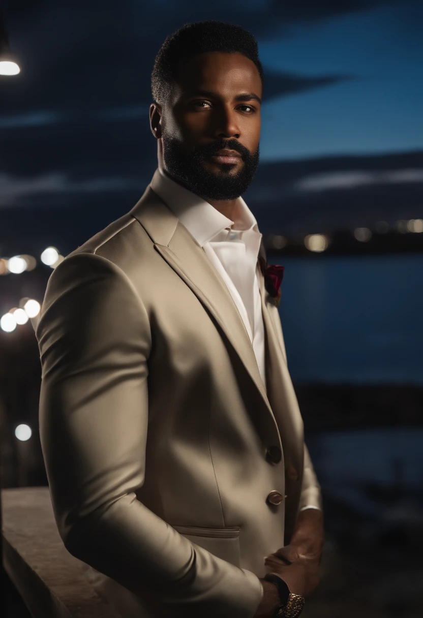 Fazendo um homem bonito na casa dos 30 anos de terno preto e gravata, CEO, cabelos castanhos cacheados, (Homem de terno preto e gravata), ), (barbear limpo), Attractive and serious look, cabelos curtos e escuros, Elegante e elegante, Barbear adequado ao terno e corpo forte, (alta qualidade, imagens realistas), Preto escuro e claro no fundo da imagem, 80s Night Style Film Street Location, ((qualidade superior, 8k, obra prima), fotografia ultra-detalhada, (Rostos bonitos detalhados, textura da pele do detalhe, Corpo hiperdetalhado:1.1)