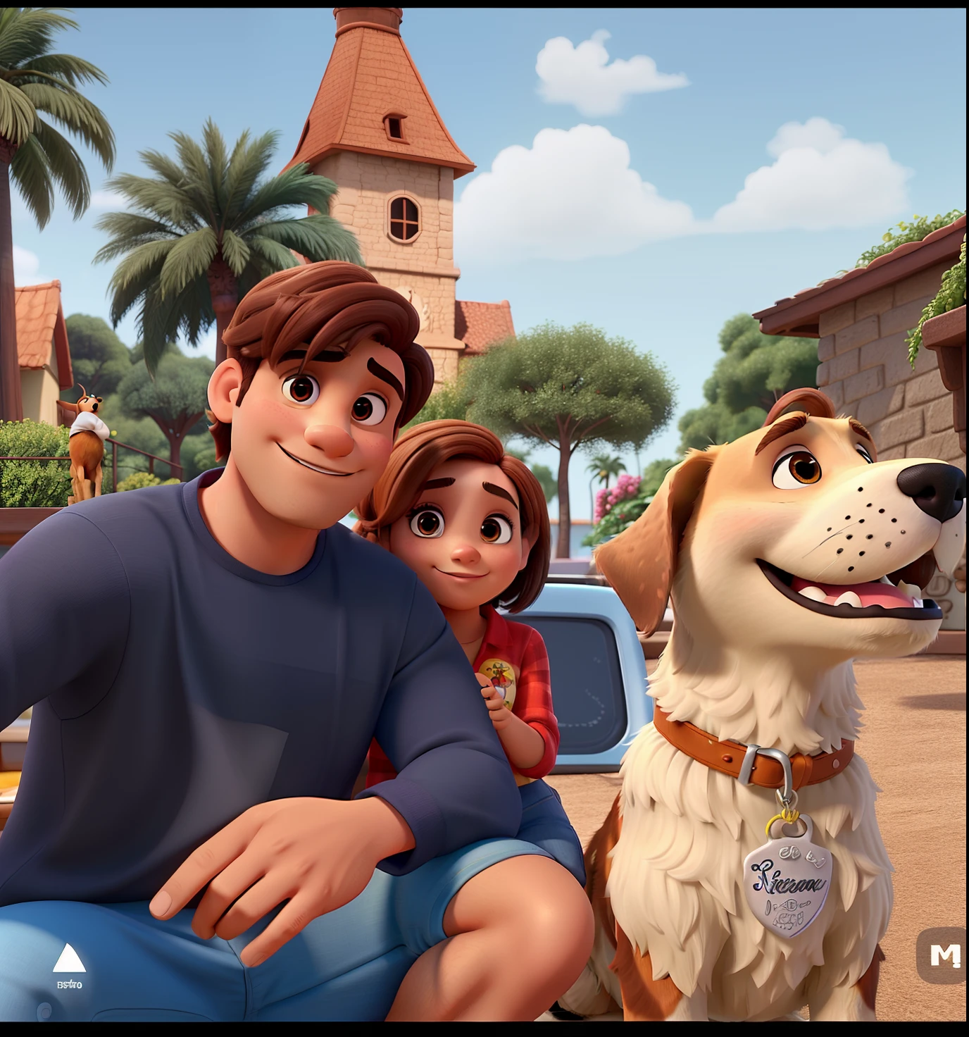 Um homem adulto sem cabelo, uma mulher adulta morena e um cachorro labrador amarelo estilo Disney pixar