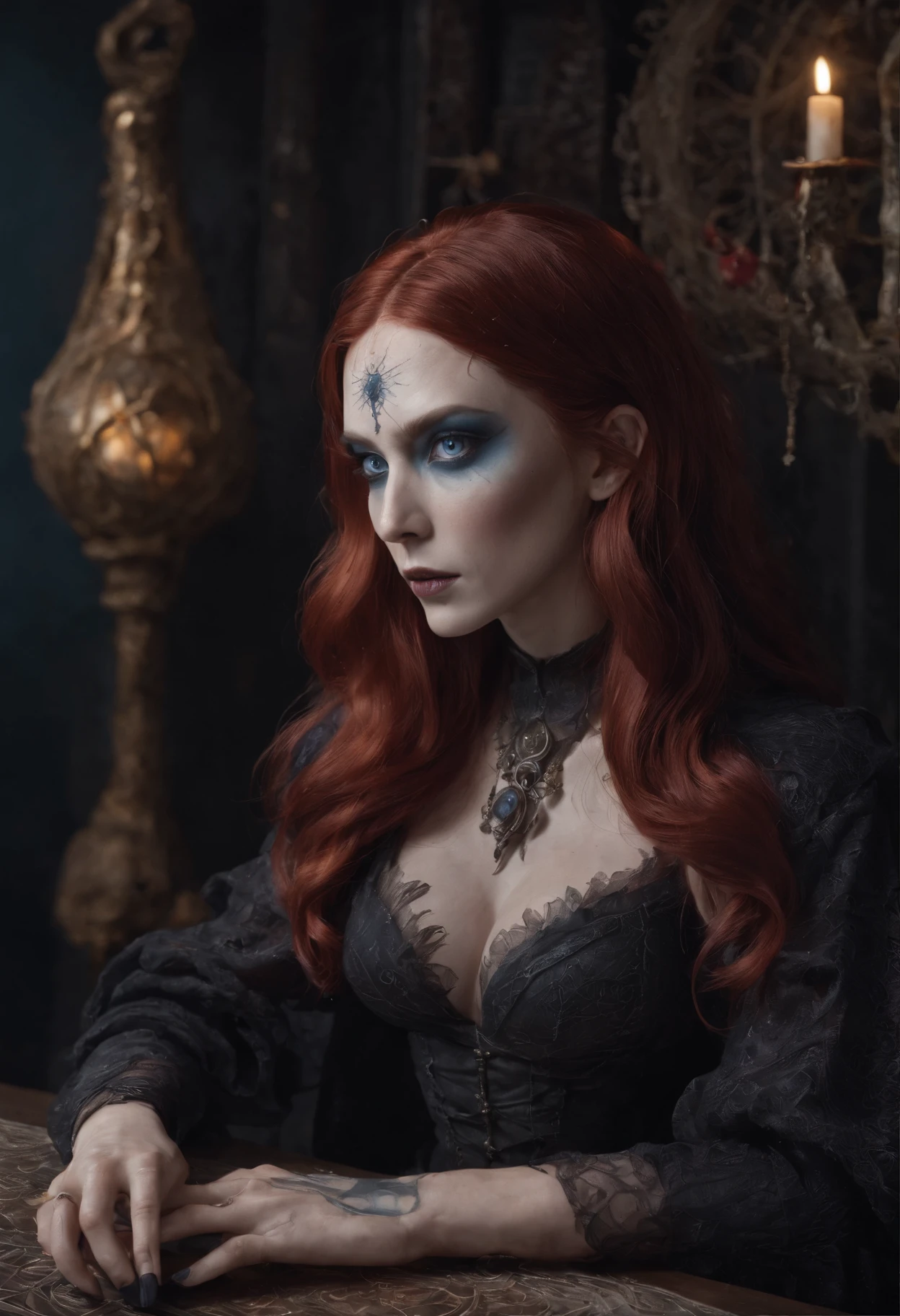 The witch woman, with her flowing witch outfit and a dark room behind her should be ultra detailed and realistic. The witch's face is slightly wrinkled, there is a table in front of the witch and there are tarot cards on the table. The witch's hands are on the cards. The witch woman's face should be very ultra detailed, the witch's hand, eyes, outfit should be ultra detailed and realistic. The witch woman's breasts must be covered. The witch woman must have blue eyes and red hair.