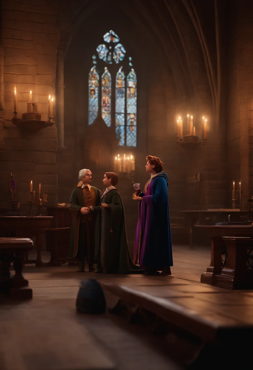 Crie um personagem 3D modelo Disney Pixar em uma cena em Hogwarts.