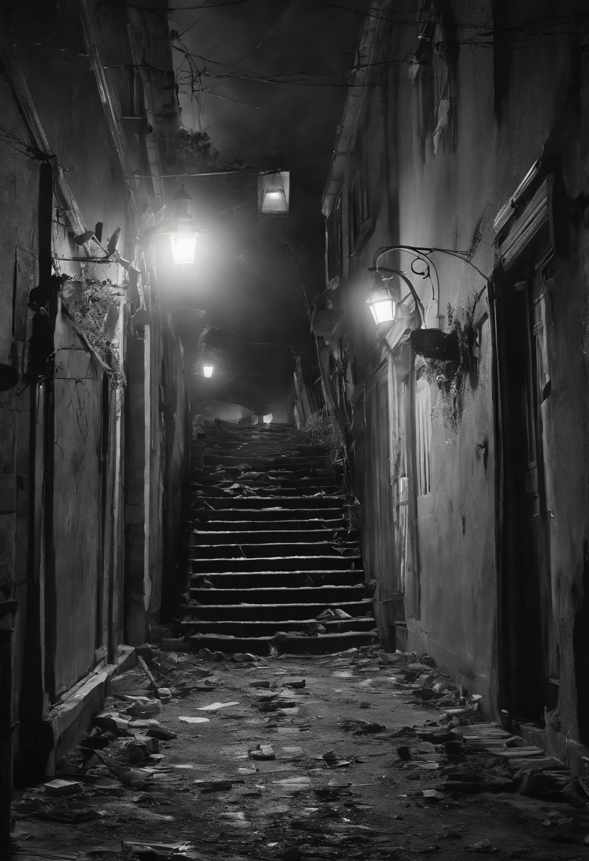 A house in the dark during a power outage, (best quality,4k,8k,highres,masterpiece:1.2),ultra-detailed,(realistic,photorealistic,photo-realistic:1.37), eerie glow, dimly lit rooms, candlelight, flickering shadows, creepy atmosphere, eerie silence, complete darkness, faint moonlight, shadows dancing on the walls, abandoned feeling, stillness in the air, mysterious aura, hauntingly beautiful, suspenseful, chilling ambience, no electricity, blackout, no source of light, pitch-black outside, isolated, gloomy, mysterious corners, unlit street lamps, moonless night, hushed whispers, pale moonlight illuminating objects, candle-lit staircase, flashlight beams, searching for a light source, paranoid feeling, fragile flickers of light, eerie shapes, eerie presence outside the window, eerie stillness, flickering TV screen with static noise, vulnerability, unsettling feeling, anxious anticipation, longing for electricity to come back, hauntingly atmospheric composition, unsettling shadows, emergency glow sticks, eerie moonlight filtering through curtains, tense atmosphere, suspenseful shadows.