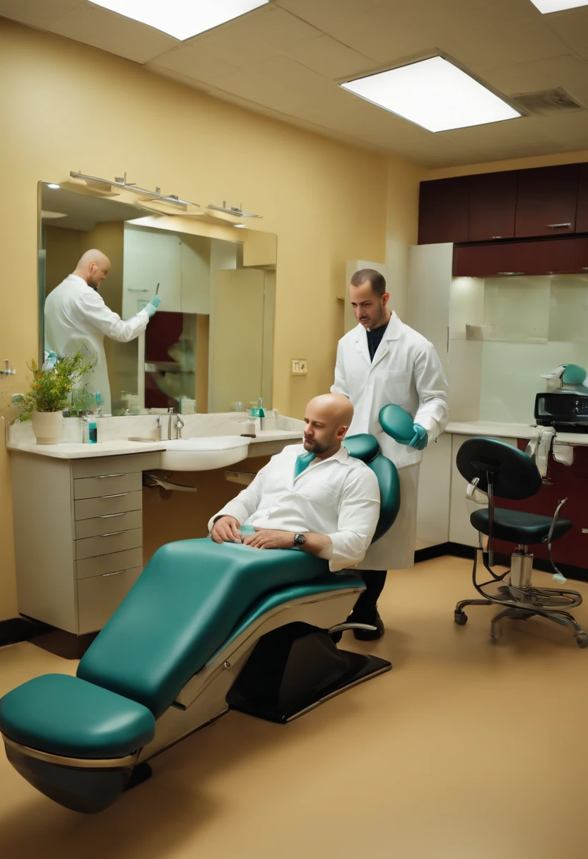 Young bald man working with maintenance dentist