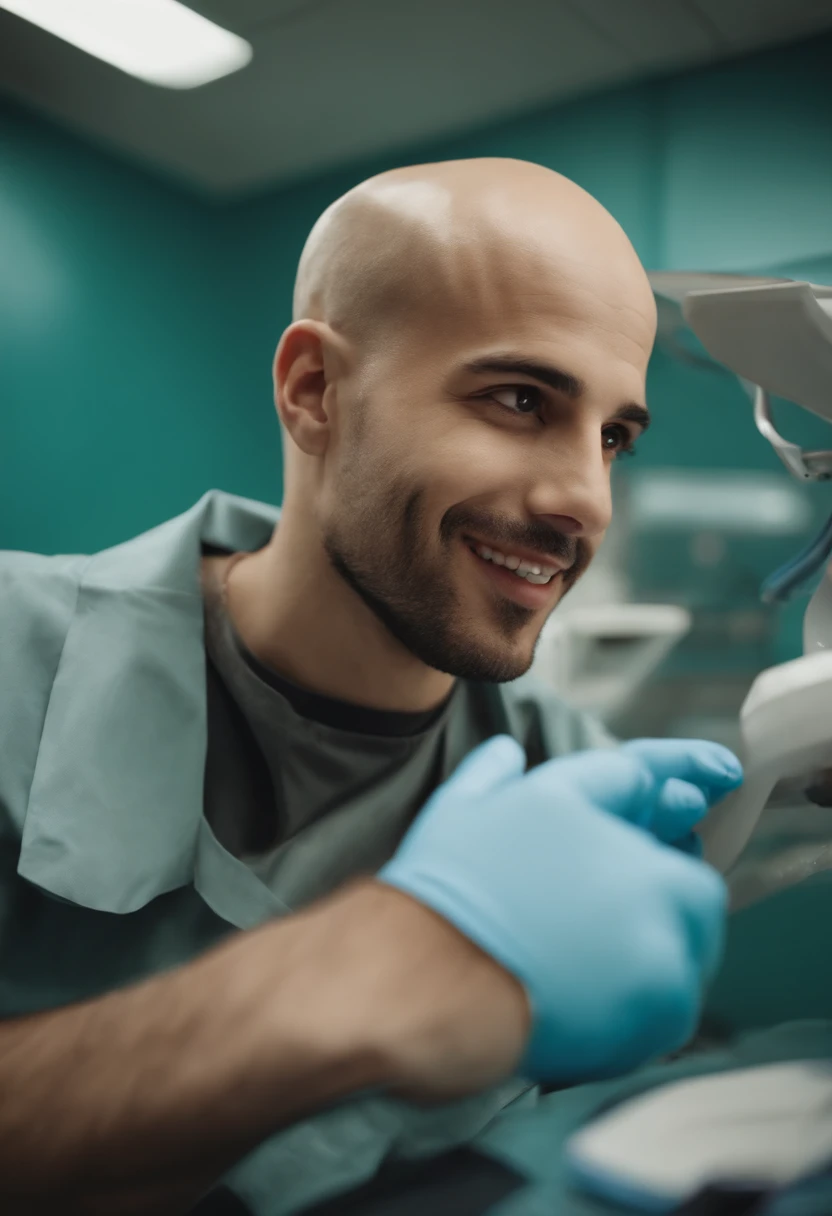 Young bald man working with maintenance dentist
